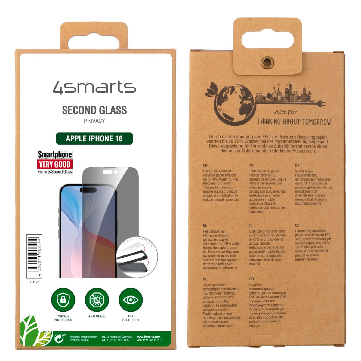 4smarts Displayschutzglas »Second Glass Privacy mit Montagerahmen«, für Apple iPhone 16, (1 St.), Displayschutzfolie, Schutzfolie, Bildschirmschutz, kratz- & stoßfest