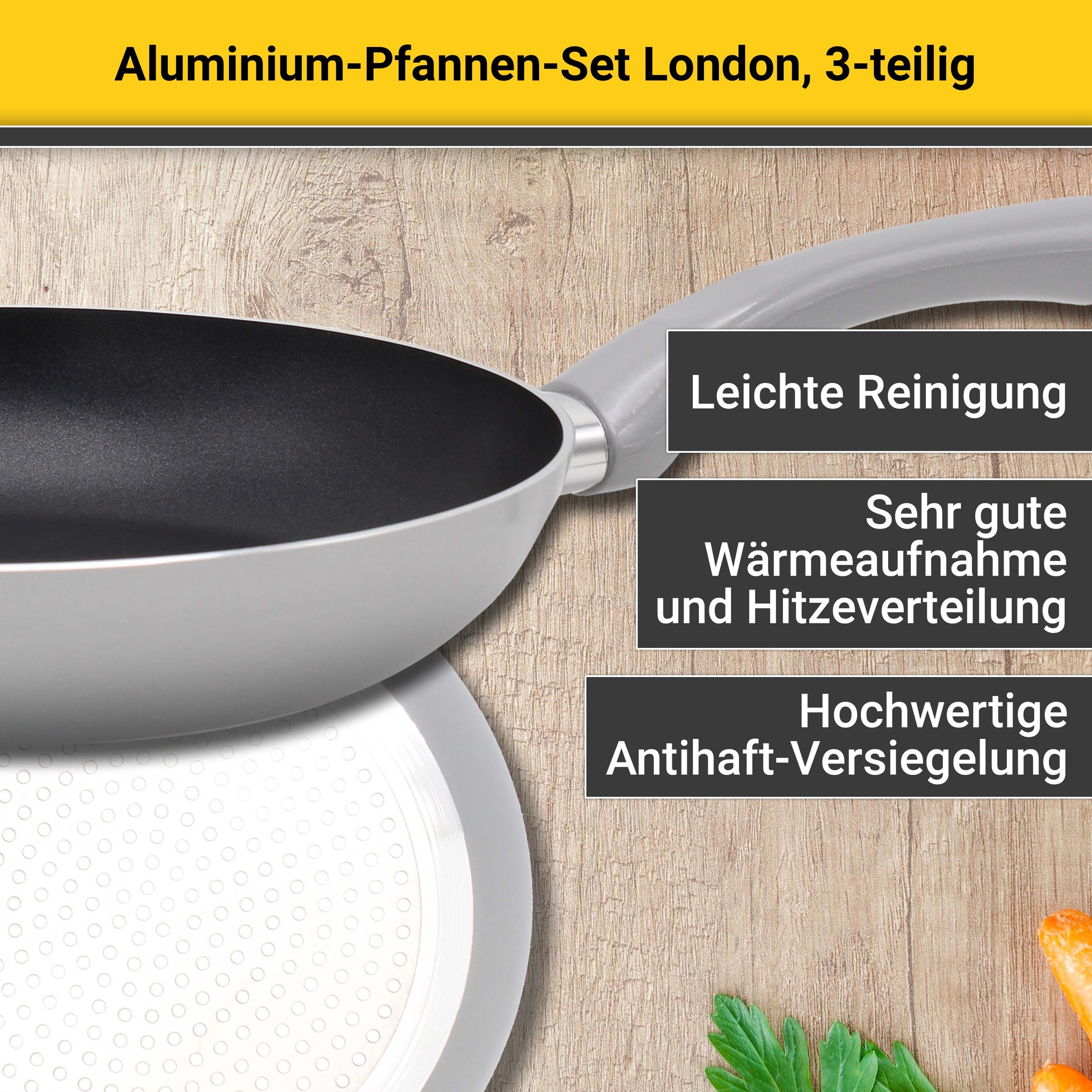 Krüger Pfannen-Set »Aluminium Pfannenset London, 3 tlg.«, Aluminium, (Set, 3 tlg., je 1 Bratpfanne Ø 20 / 28 cm, 1 Pfannenwender), für Induktions-Kochfelder geeignet