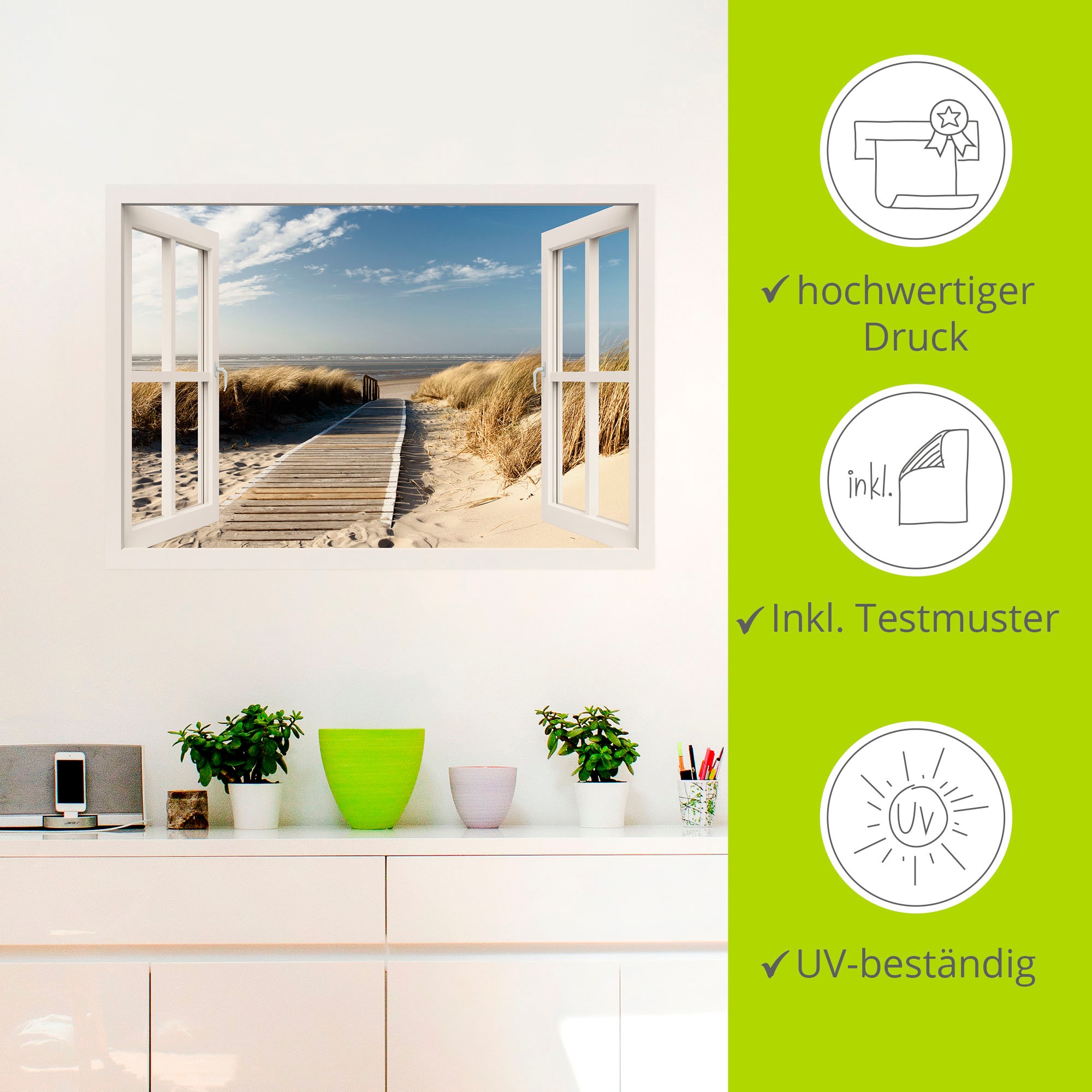 Artland Wandbild »Fensterblick Nordseestrand auf Langeoog«, Fensterblick, (1 St.), als Leinwandbild, Poster, Wandaufkleber in verschied. Größen