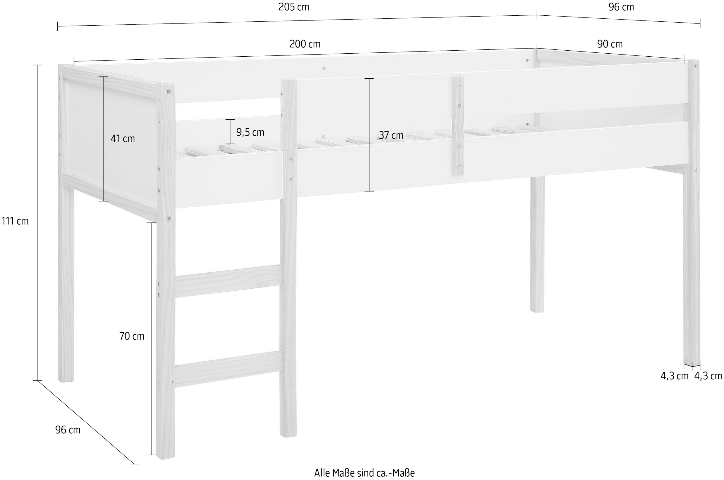 Lüttenhütt Hochbett »Janne«, Kiefernholz, Einzelbett, inklusive Holzleiter, Liegefläche 90x200 cm