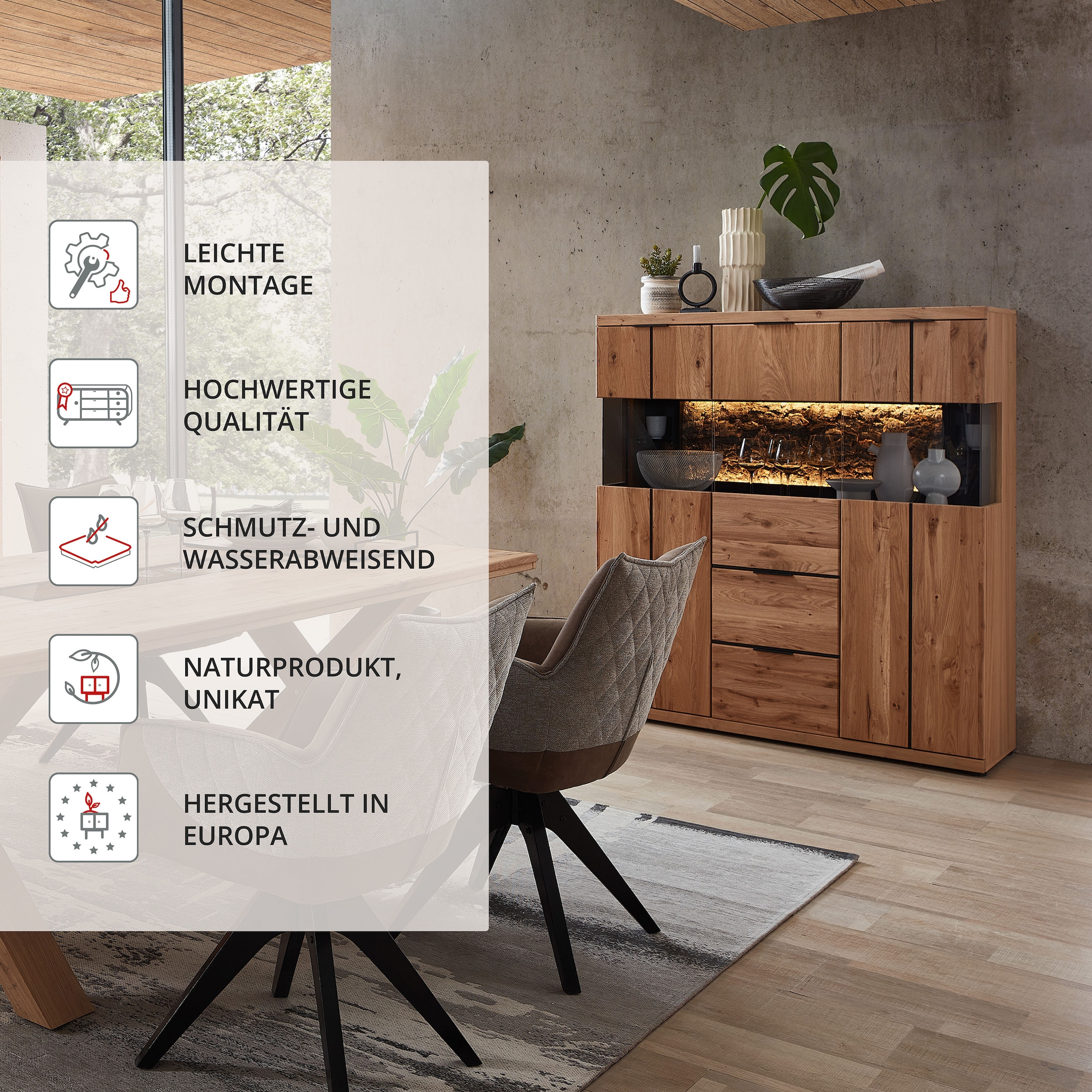 Wohnconcept Highboard »Donna Highboard, 122x144x42 (BxHxT)« 1 Stk. tlg. Beleuchtung optional bestellbar, 3 türig, 2 Schubkasten, Softclose