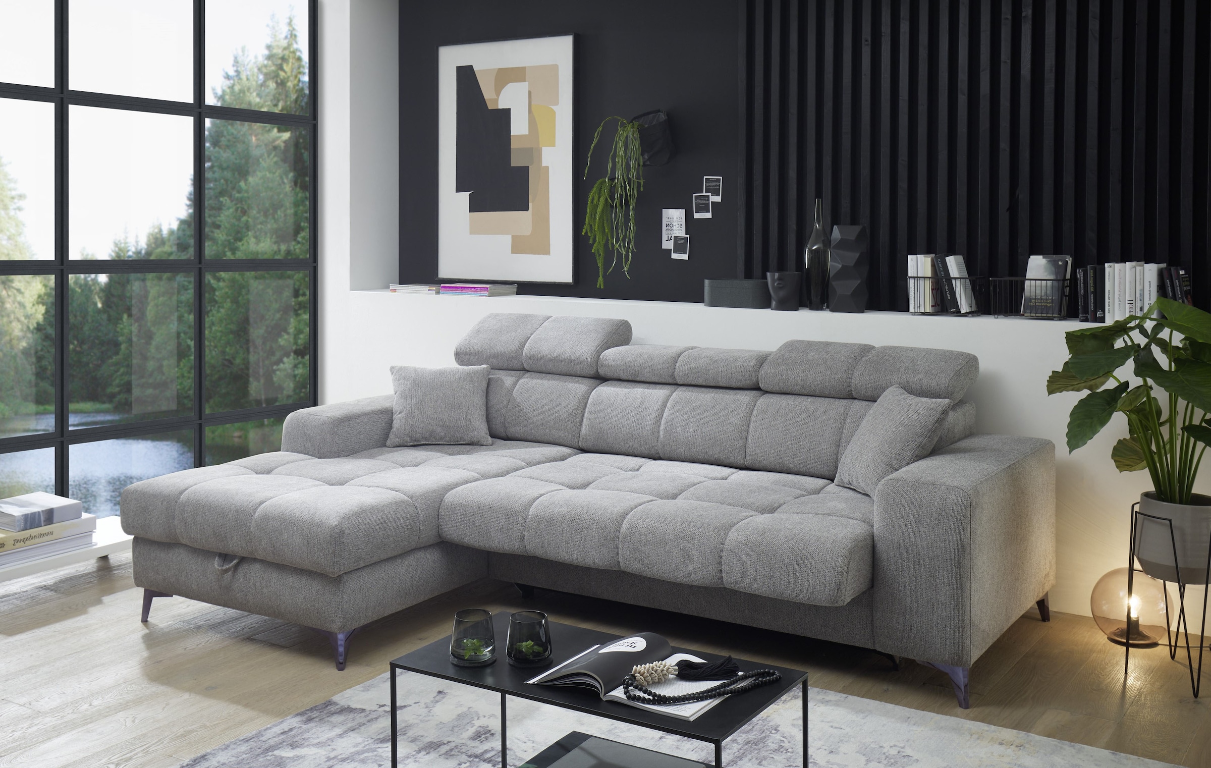 ED EXCITING DESIGN Ecksofa »Sydney L-Form mit Bettfunktion, Bettkasten, Kopfteilverstellung«, motorischer Sitztiefenverstellung, USB-Port & 2 Zierkissen