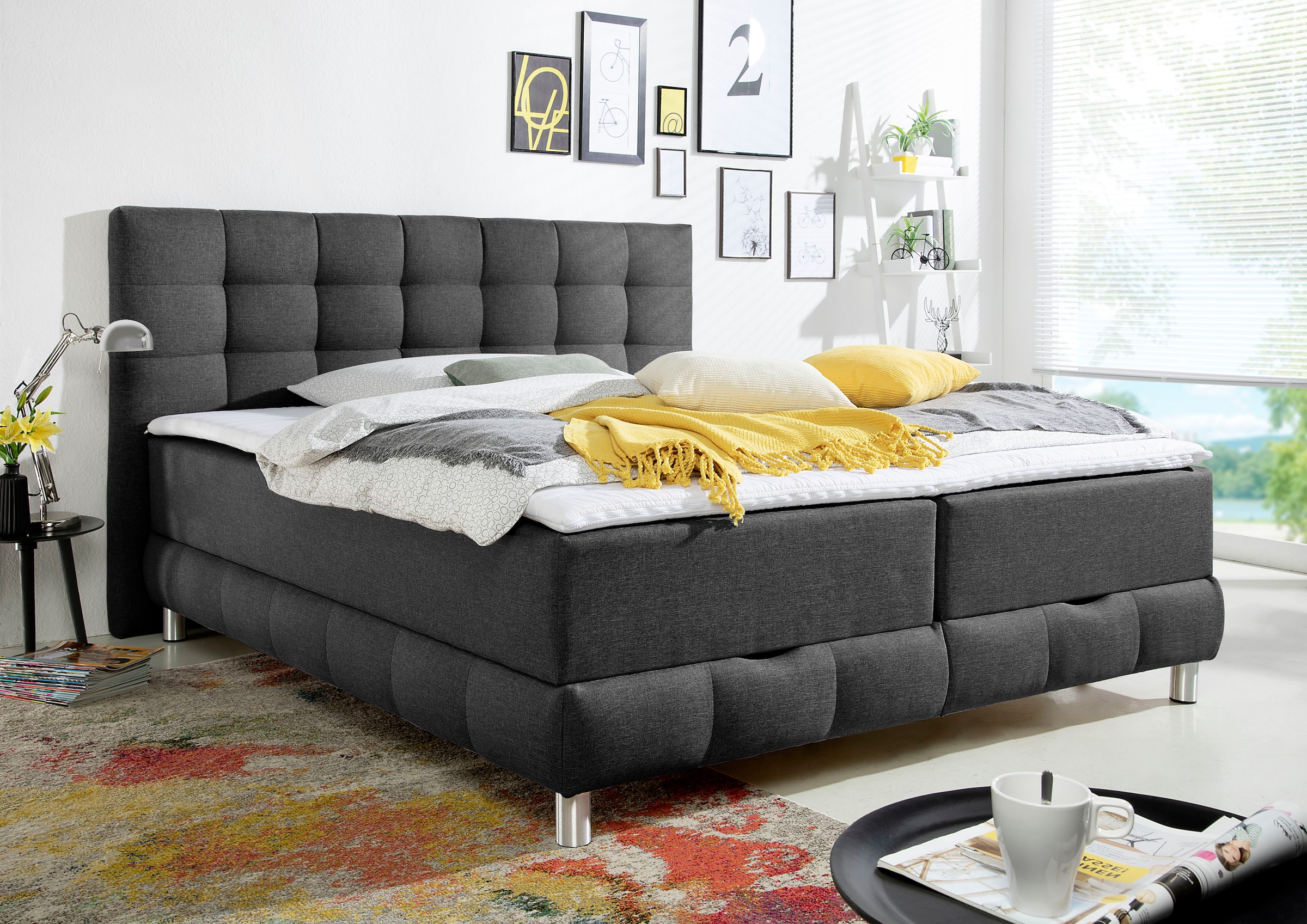 Boxbett HOME AFFAIRE "Vaasa", grau (anthrazit), B:174cm L:210cm, Komplettbetten, inkl. Bettkasten & Topper, XXL-Ausführung, Überlänge 220 cm