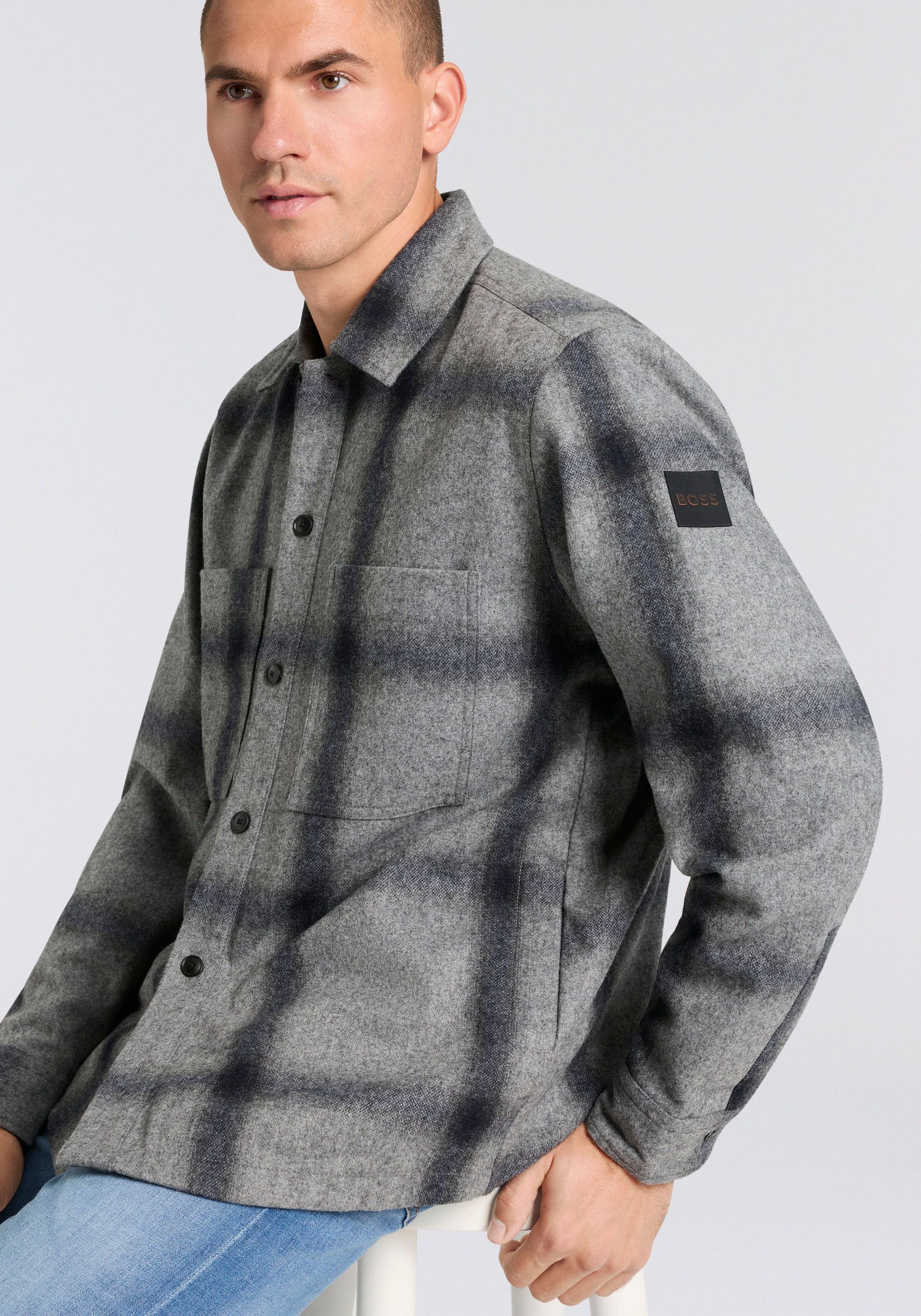 Thumbnail - BOSS ORANGE Langarmhemd "Locky" melierte Wollmischung, Karo-Design, oversize fit