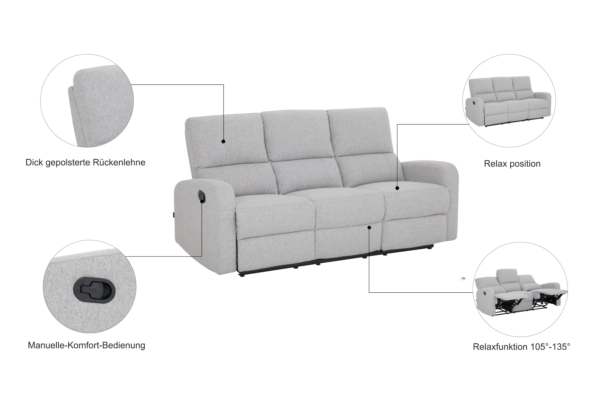 Home affaire 3-Sitzer »TOURNAY manuelle Relaxfunktion, Liegefunktion (105°-135°), Webstoff«, Reclinerfunktion in 2 Sitzen (links u. rechts)