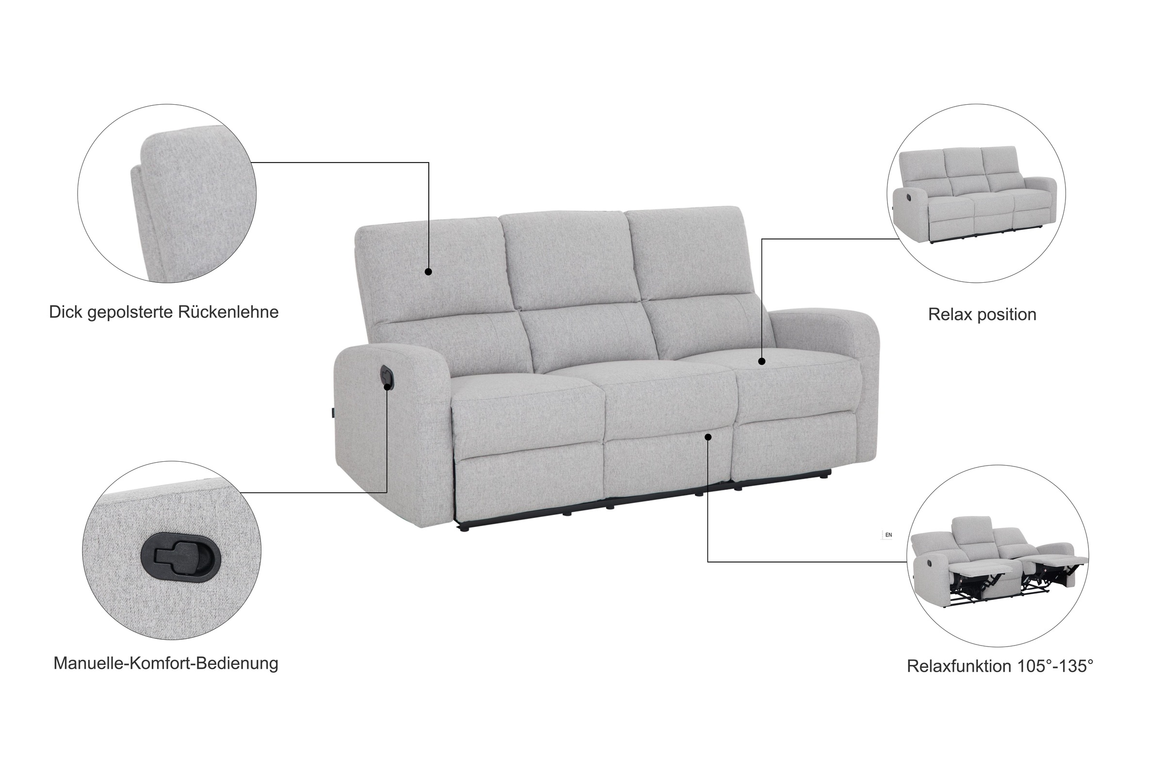 Thumbnail - Home affaire 3-Sitzer "TOURNAY manuelle Relaxfunktion, Liegefunktion (105-135), Webstoff" Reclinerfunktion in 2 Sitzen (...