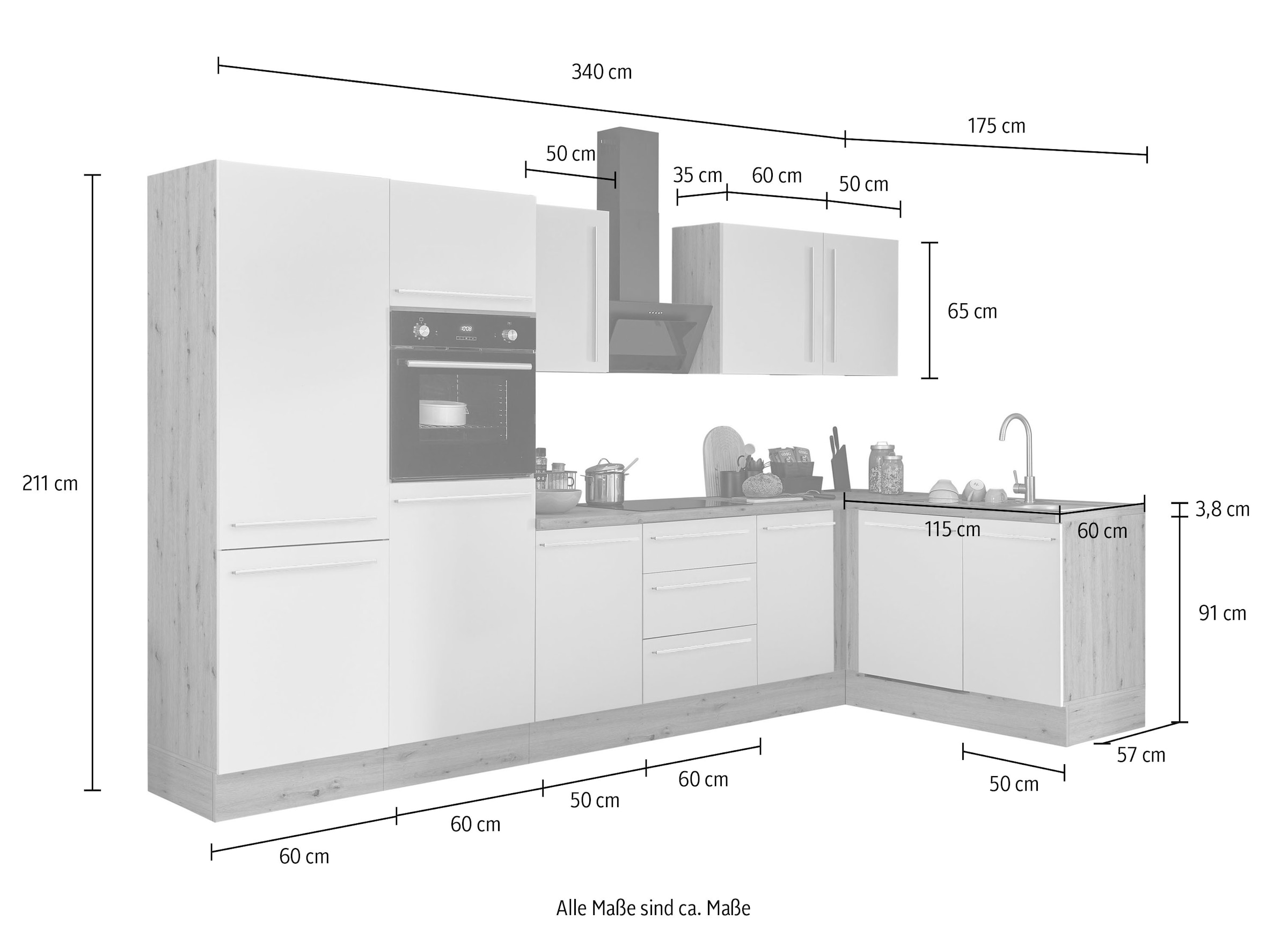 KOCHSTATION Winkelküche »Florida, Stellbreite 340x175 cm«, wahlweise mit E-Geräten, mit Softclose für Türen und Schubkästen