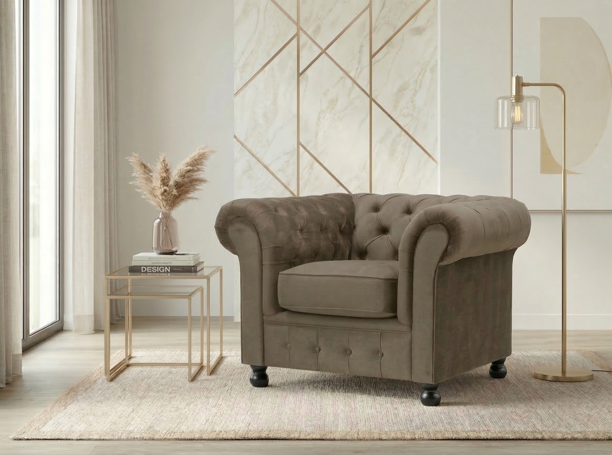 Home affaire Sessel "BRONNOY Chesterfield Sessel mit aufwendiger Knopfheftung, Breite 108cm" Polstersessel mit geschwungenen Armlehnen, Chesterfield-Optik