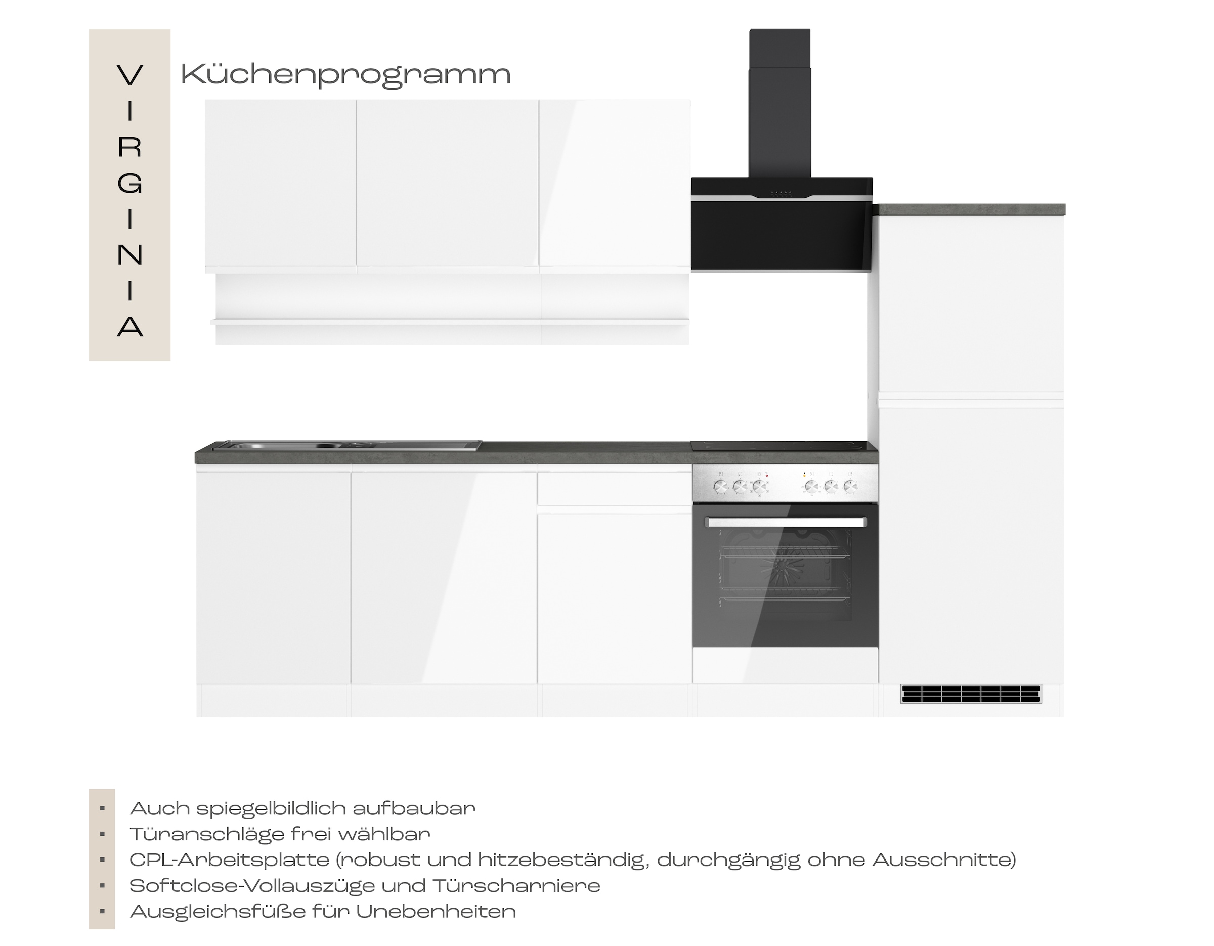 KOCHSTATION Küchenzeile »KS-Virginia,neu in verbesserter Ausführung« Arbeitsplatte 38 mm stark, Stauraum, Softclose,  Breite 280 cm, Soft-Close, wahlweise mit E-Geräten