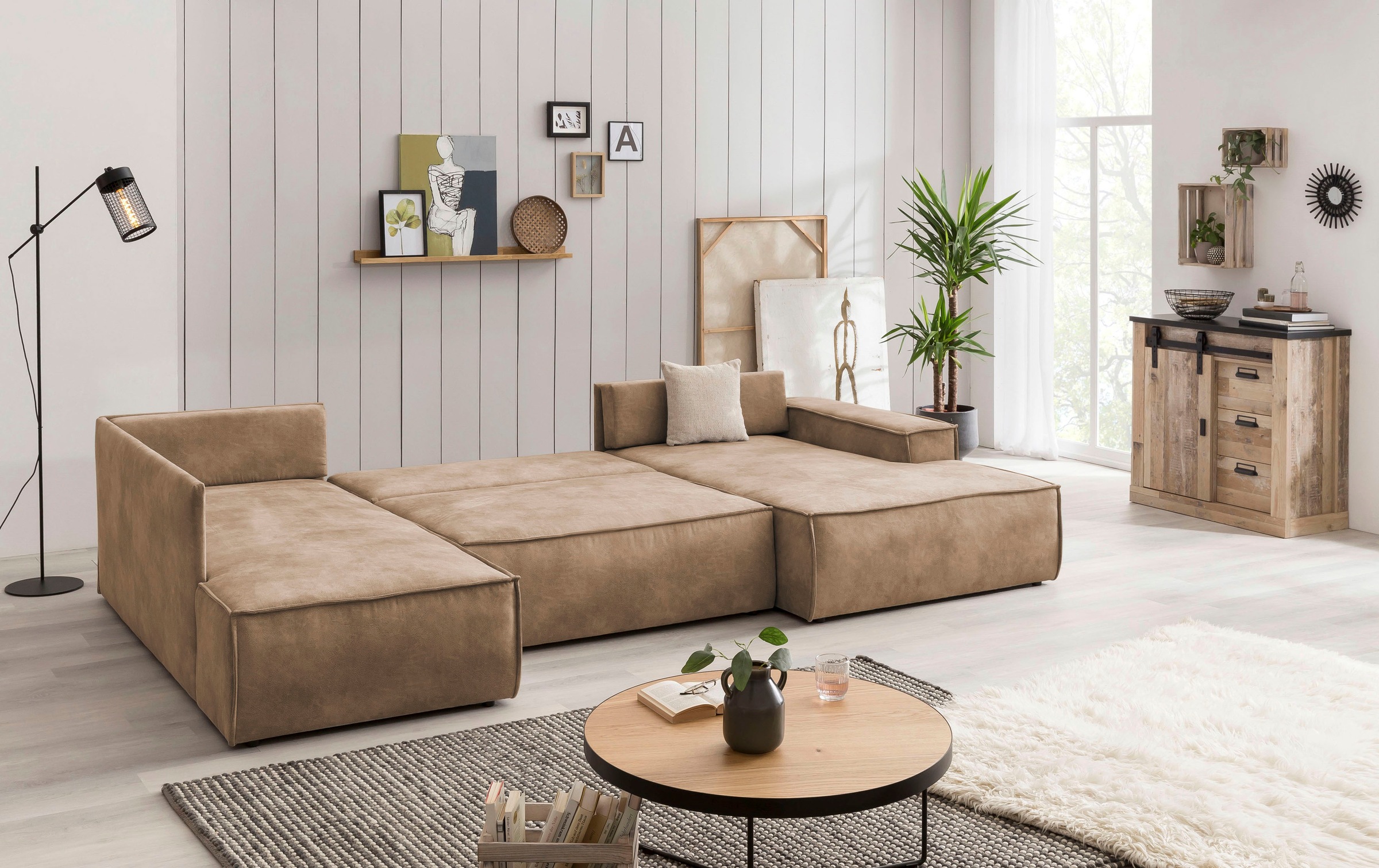 Home affaire Wohnlandschaft »SHERWOOD 329 cm, U-Form, Schlafsofa,«, Schlaffunktion m. Bettkasten (194x139 cm), Cord, Vintage, Samtvelours