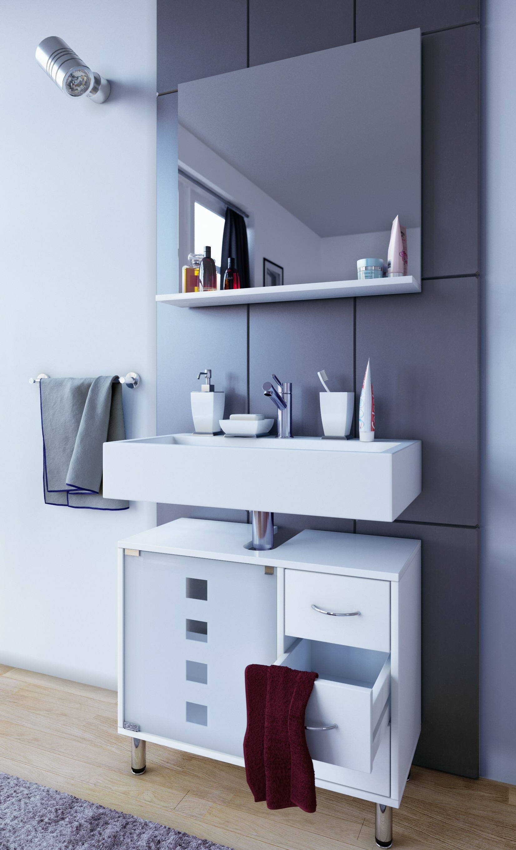 VCM Waschbeckenunterschrank »VCM Holz Waschbeckenunterschrank | Badschrank | Maße: H. 58 x B. 67 x T. 30 cm | 1 ESG-Sicherheitsglastür | 3 Schubladen | modernes Badezimmermöbel - Darola«, (1 St.)