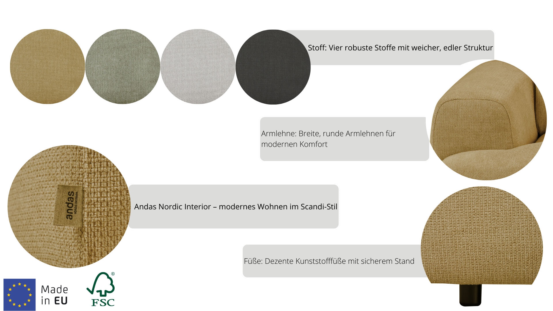 andas Ecksofa »Linkka, Breite 282 cm«, L-Form, in einem weichen Chenille-Stoff, mit Wellenunterfederung