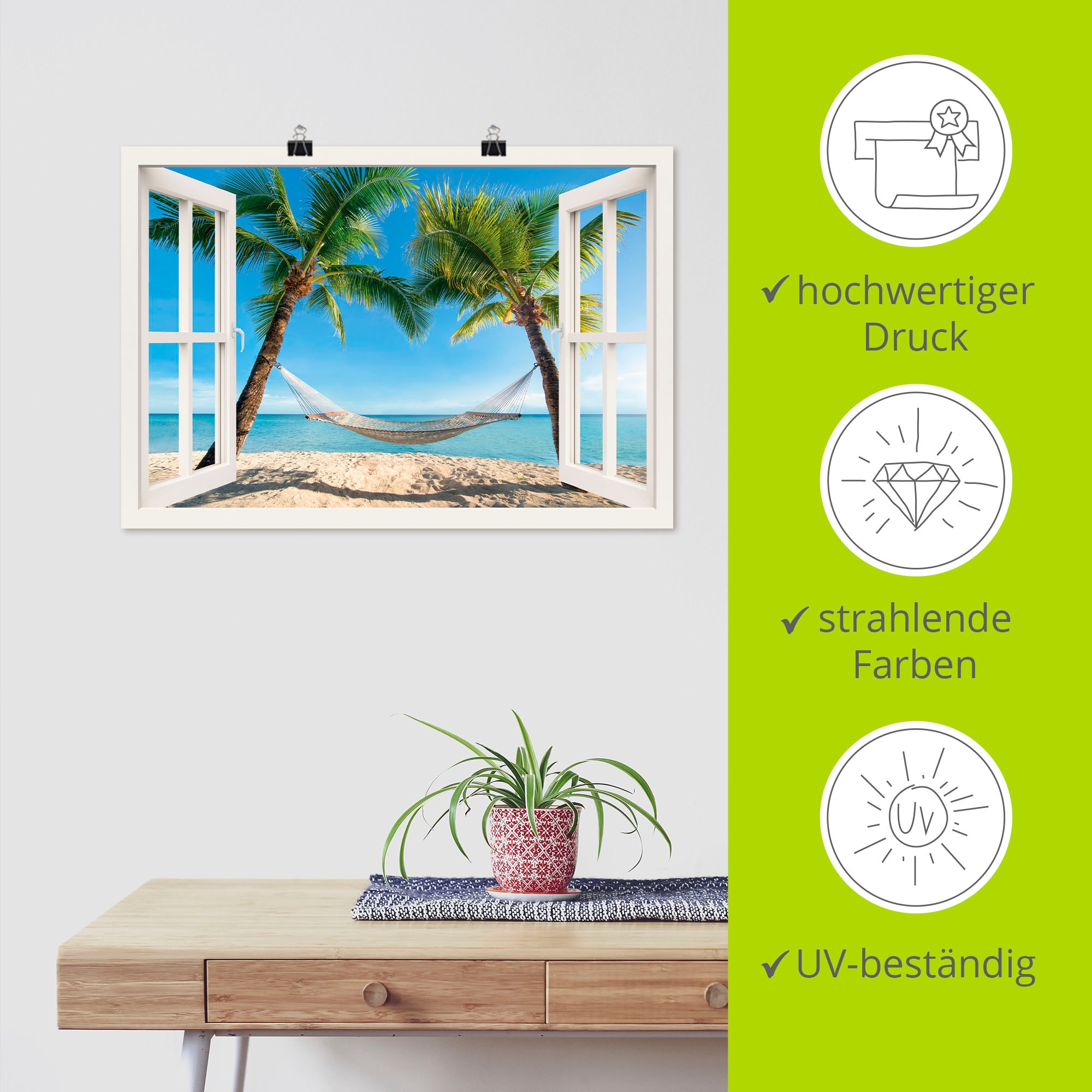 Artland Wandbild »Fensterblick Palmenstrand Karibik« Amerika 1 Stk. tlg. als Alubild, Poster in verschied. Größen