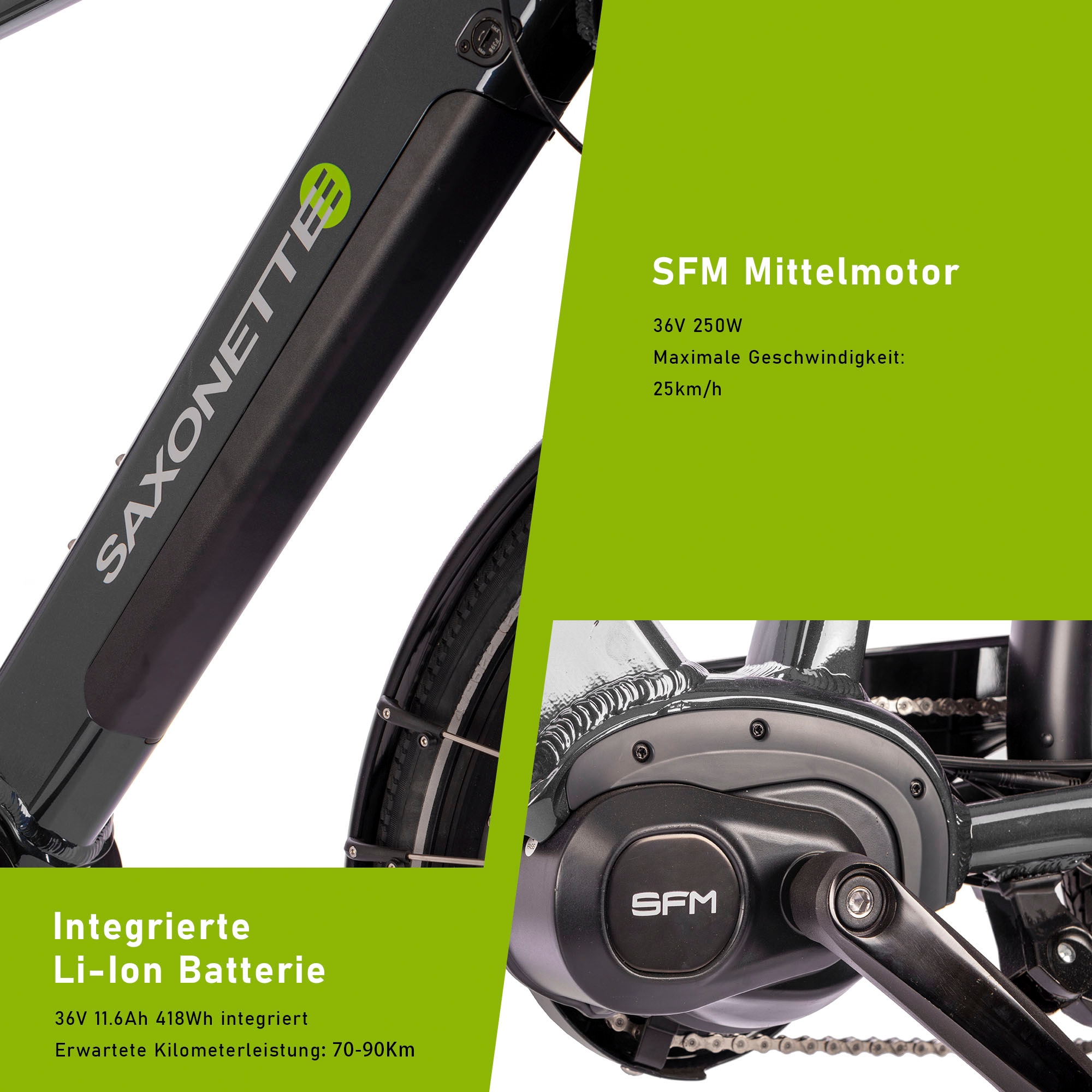 SAXONETTE E-Bike »E-Bike Cityrad Deluxe Sport (Wave)«, 9 Gang, Shimano, Alivio, Mittelmotor 250 W, (Packung), (mit integr. Akku), Elektrofahrrad für Damen u. Herren