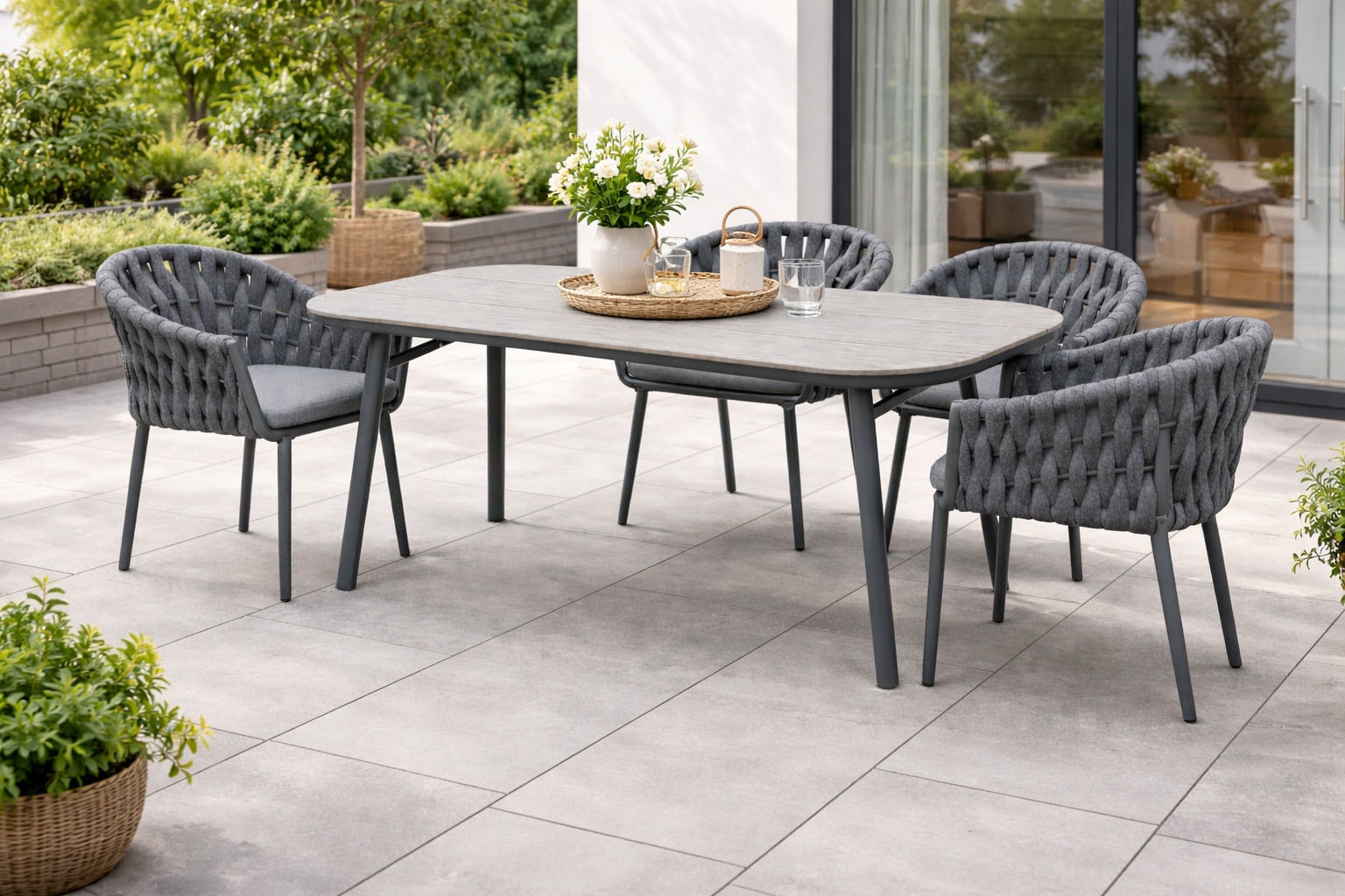 Destiny Garten-Essgruppe "MOLINO SAN MARINO 4 Se + Tisch OV 180x90cm anthrazit" Set, Aluminium, Rope, Polywood