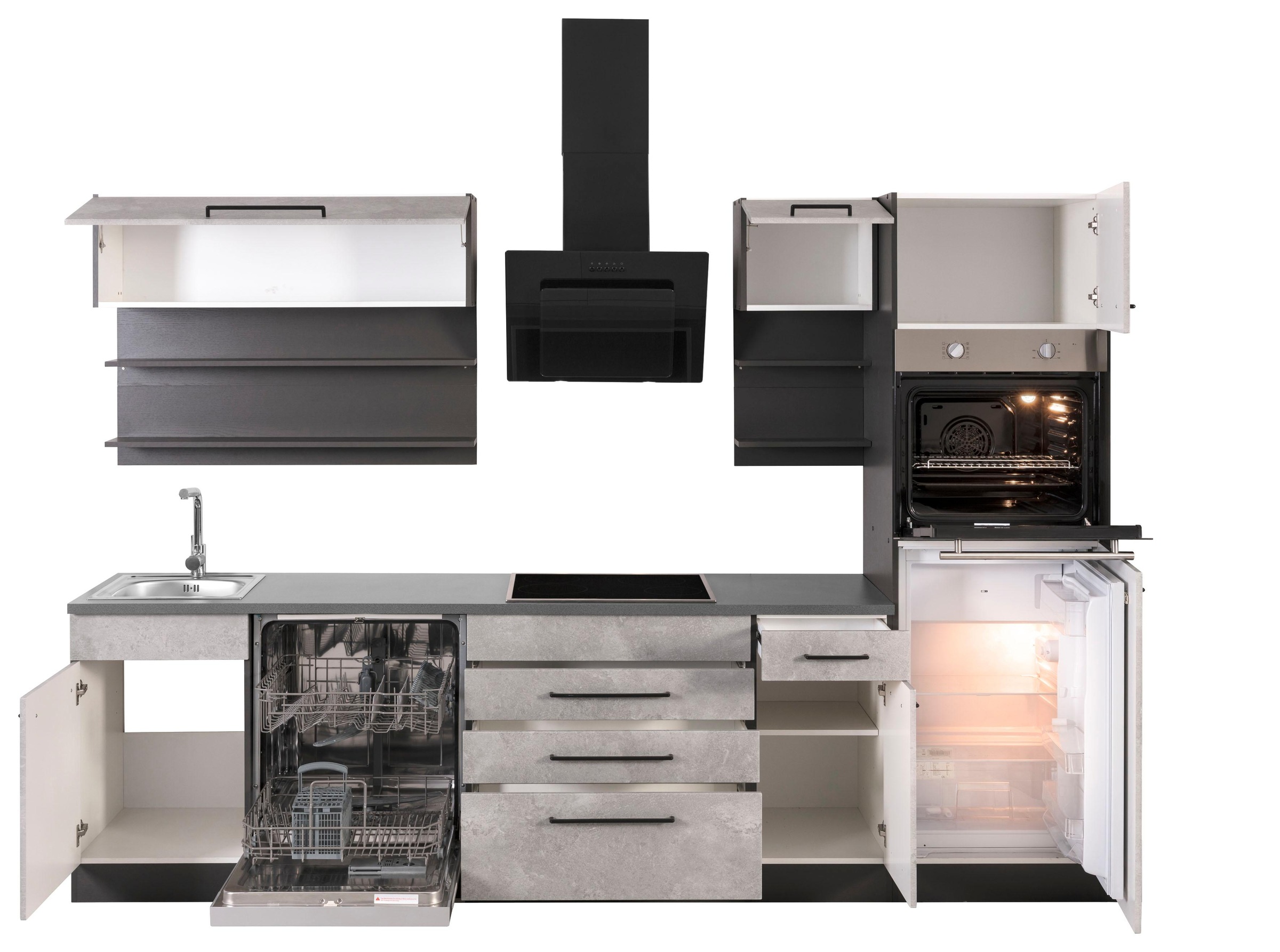 KOCHSTATION Küchenzeile »KS-Tulsa«, mit E-Geräten, Breite 290 cm, schwarze Metallgriffe, MDF Fronten