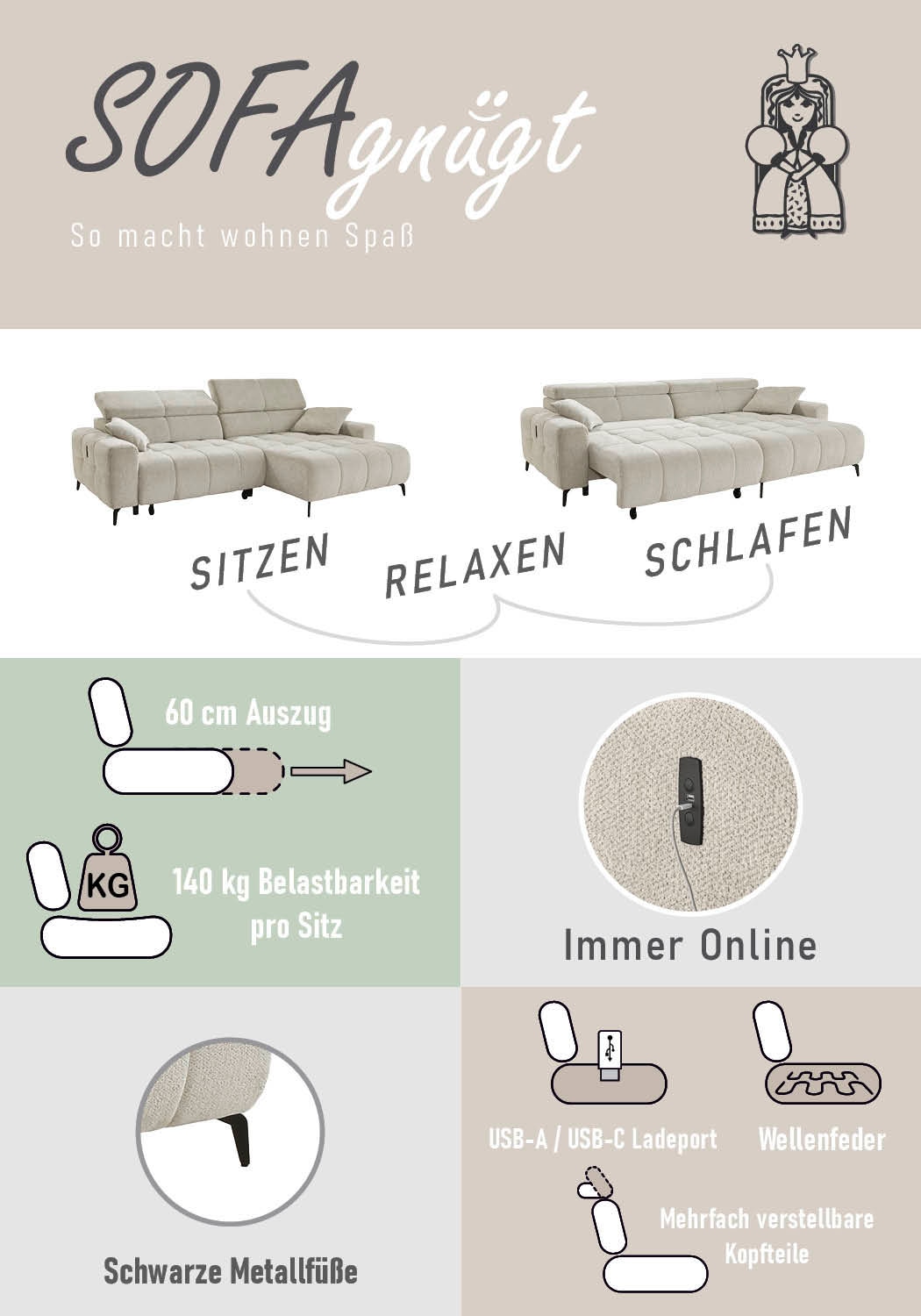 Jockenhöfer Gruppe Ecksofa »Racer, L-Form, B: 290cm, mit 60 cm elektrischer Sitztiefenverstellung« 140kg Belastbarkeit je Sitz, verstellbaren Kopfstützen, USB-Ports