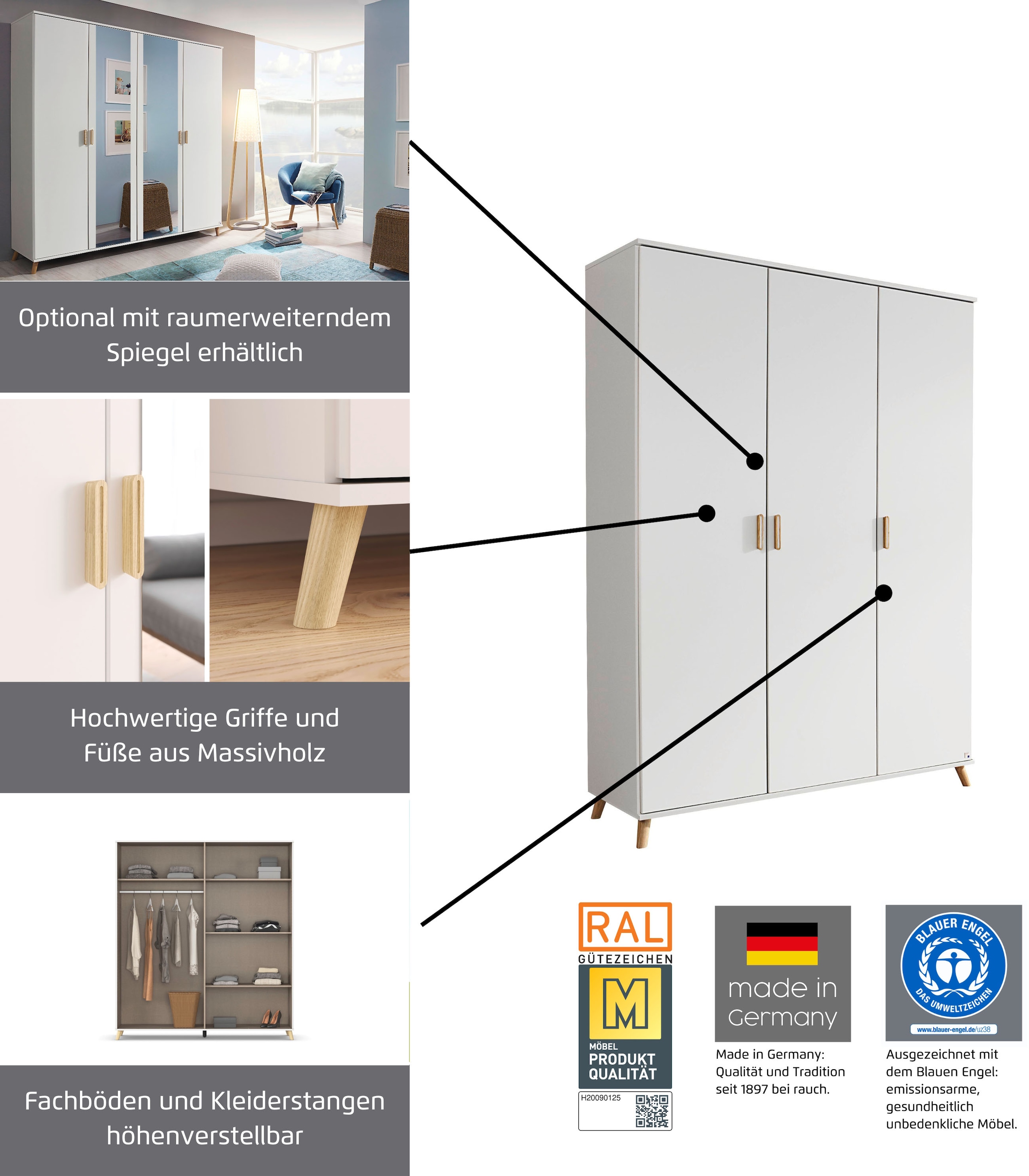 rauch Kleiderschrank »Ottos Choice Skandi Kinderzimmer Bestseller Schlafzimmerschrank FALUN« Breite 92/137/182, Höhe 203 cm,  im modernen Skandi-Look, Füße/Griffe Eiche massiv MADE IN GERMANY