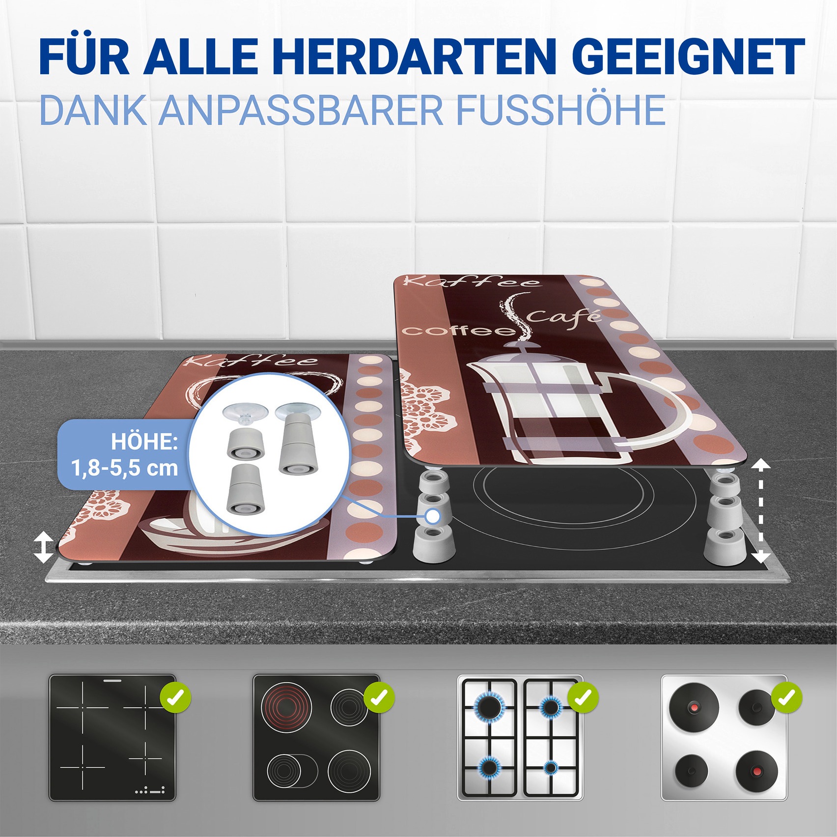 WENKO Herd-Abdeckplatte »Universal Modell Kaffeeduft«, (Set, 2 tlg.), Herdabdeckung für alle Herdarten, kratzfest, mit rutschfesten Füßen