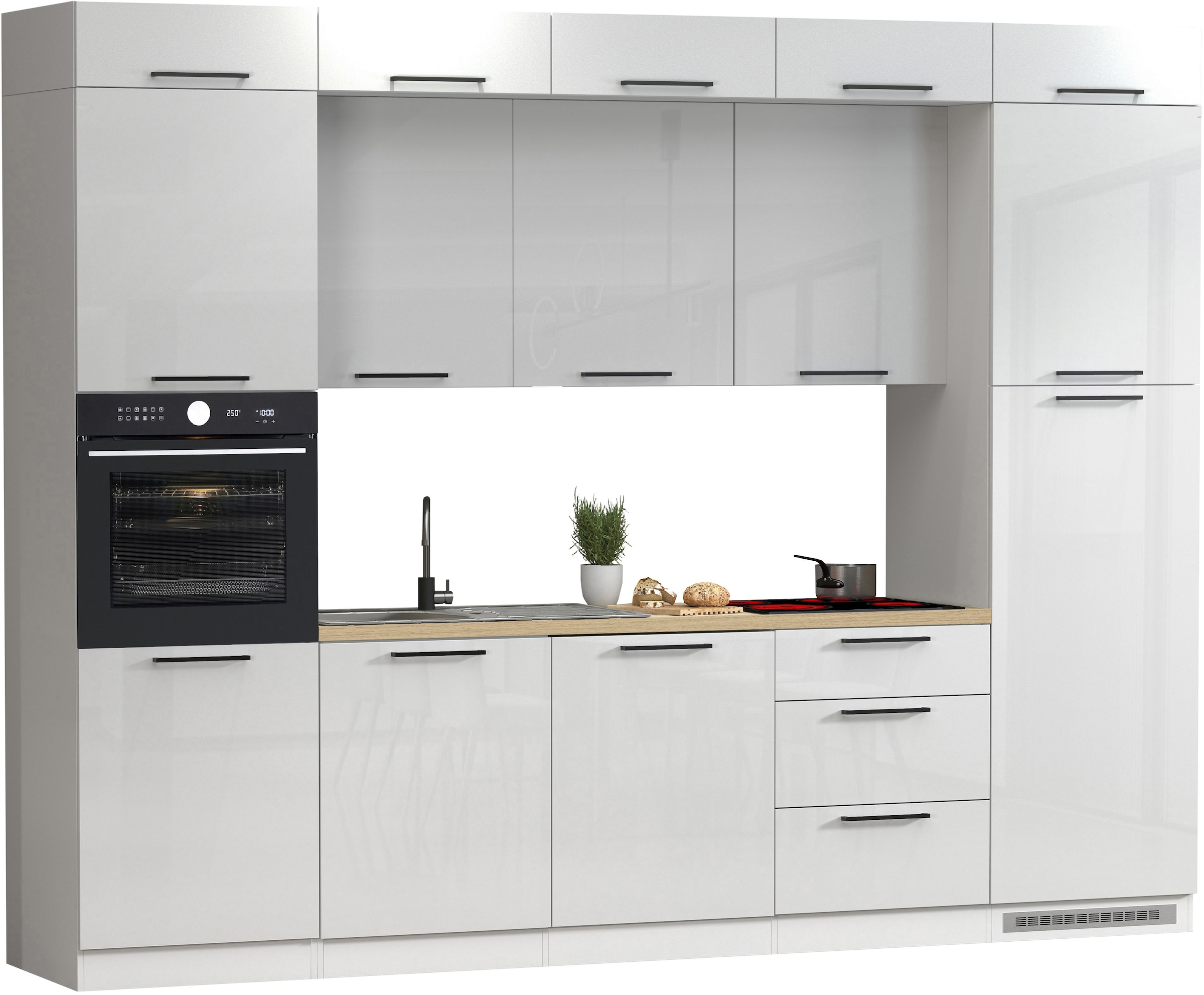 KOCHSTATION Küchenzeile "Luna, Einbauküche, Zeilenküche, mit Soft-Close Funktion, Made in Italy" Breite 300 cm ohne E-Geräte, mit Spüle+Siphon und Aufsatz