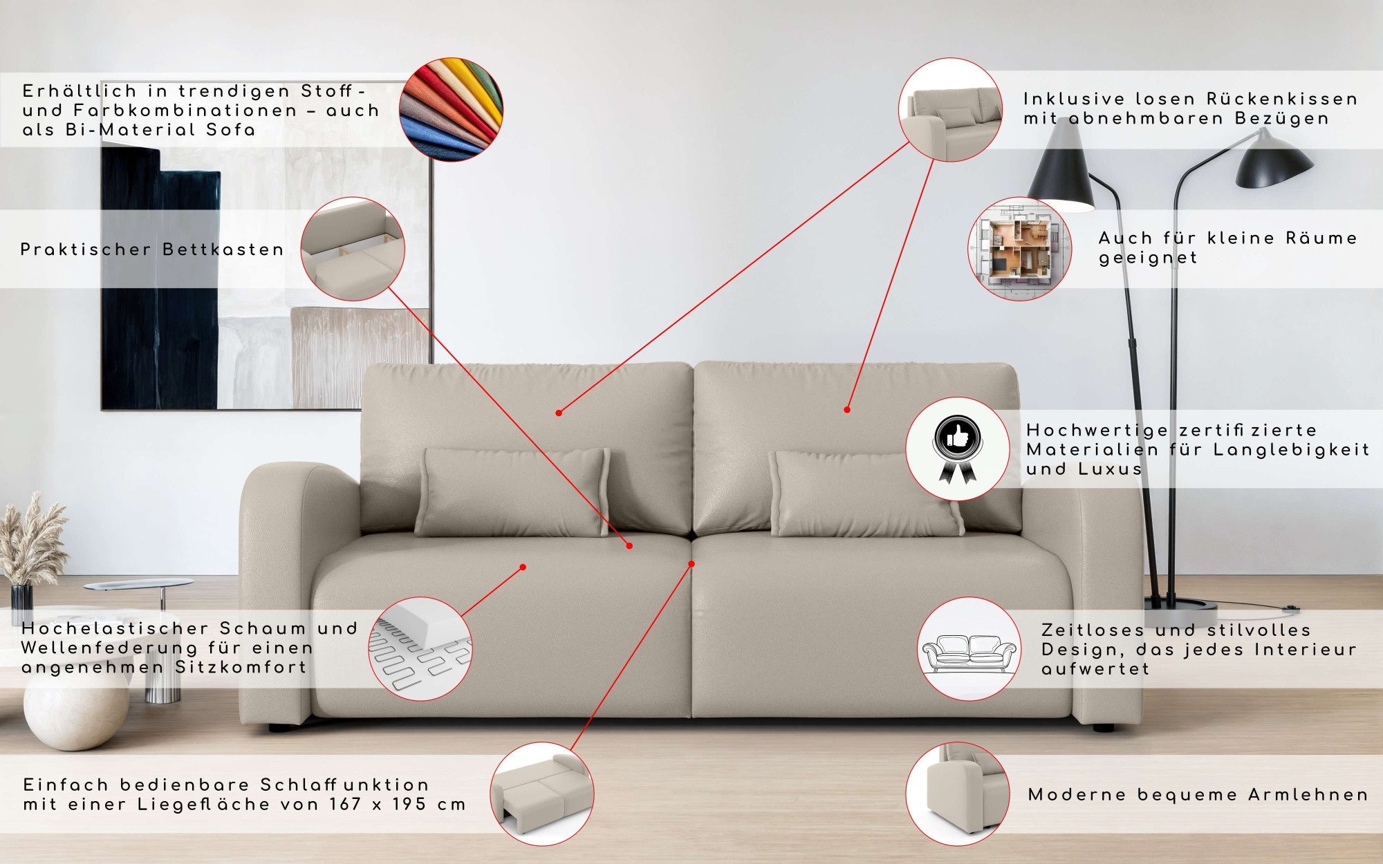 INOSIGN 3-Sitzer »JIGGS wahlweise Schlafsofa mit Bettkasten, Maße B/H/T: 228/96/110 cm«, Sofa mit Wellenunterfederung, enthält 2 Rückenkissen und 2 Zierkissen