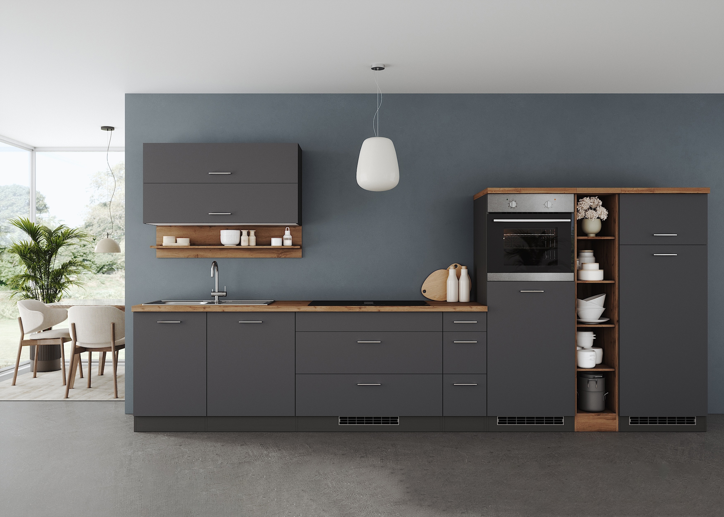 KOCHSTATION Küchenzeile »KS-Milan, optional mit Muldenlüfter« Breite 390 cm, wahlweise mit E-Geräten, Kochfeld mit Dunstabzug