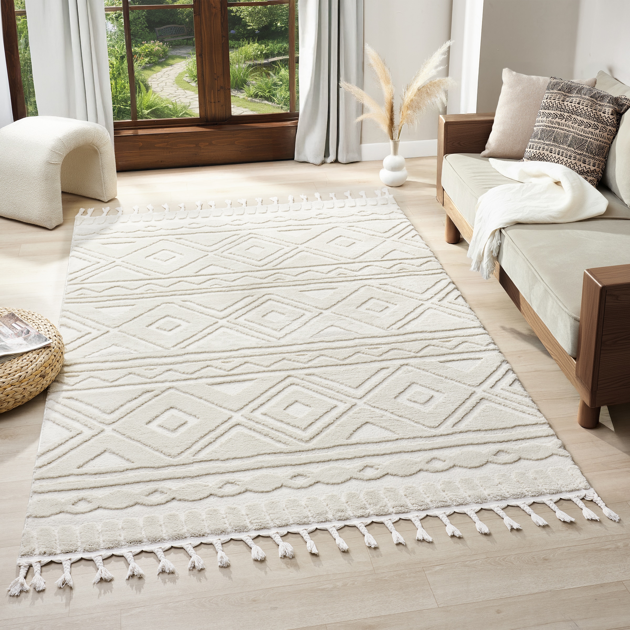 my home Teppich »Bonvo« rechteckig 19 mm Höhe mit Fransen, Hoch-Tief-Struktur, Wohnzimmer, Schlafzimmer, Boho-Style