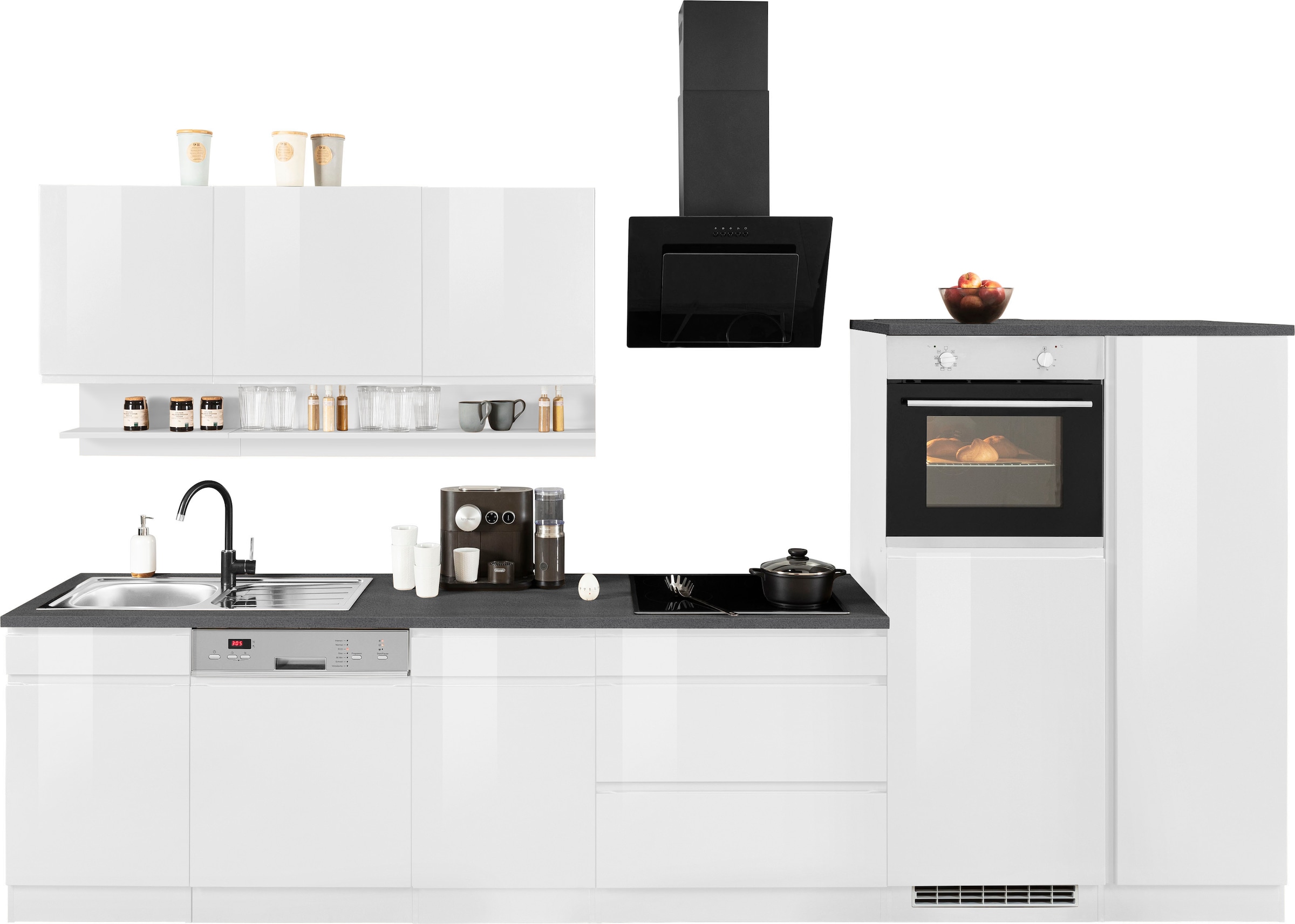 KOCHSTATION Küchenzeile "KS-Virginia,neu in verbesserter Ausführung" Arbeitsplatte 38 mm stark, Stauraum, Softclose, Breite 350 cm,Soft-Close, mit Glaskeramik-oder Induktionskochfeld