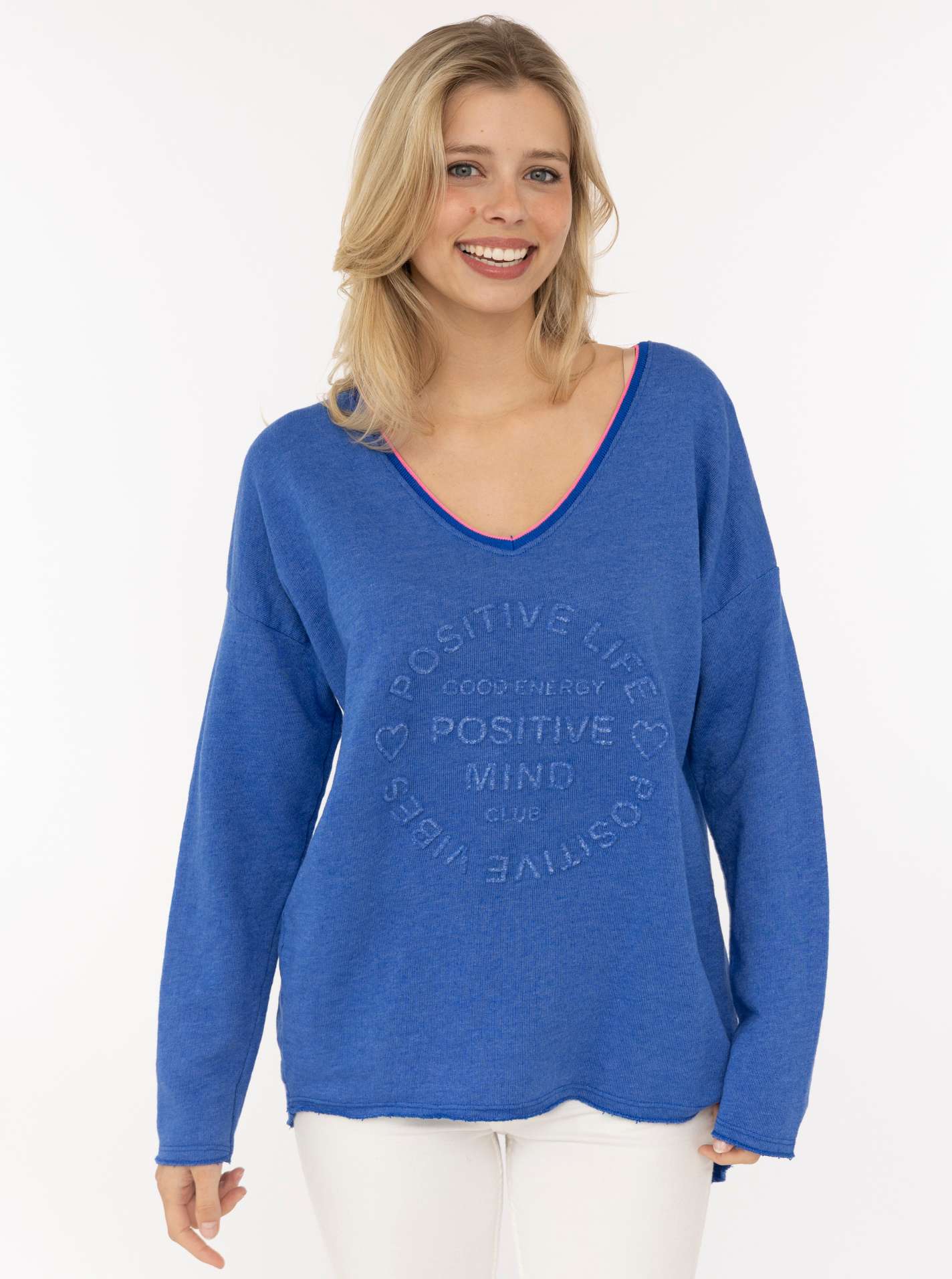 Zwillingsherz "„Positive Mind Neon Kante”", mit Kontrastnaht, V-Neck, washed out Optik, langarm