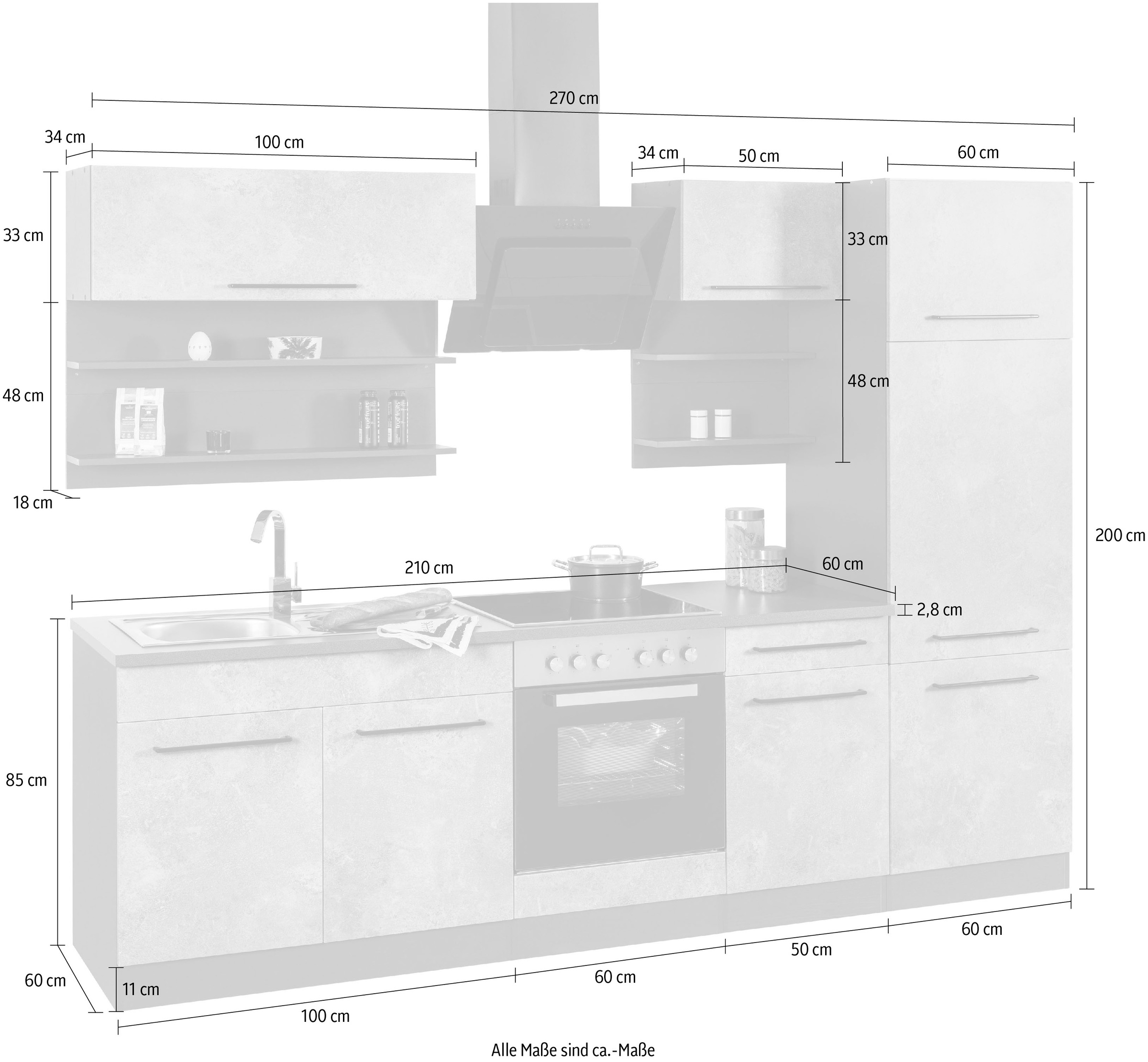 KOCHSTATION Küchenzeile »KS-Tulsa«, ohne E-Geräte, Breite 270 cm, schwarze Metallgriffe, MDF Fronten