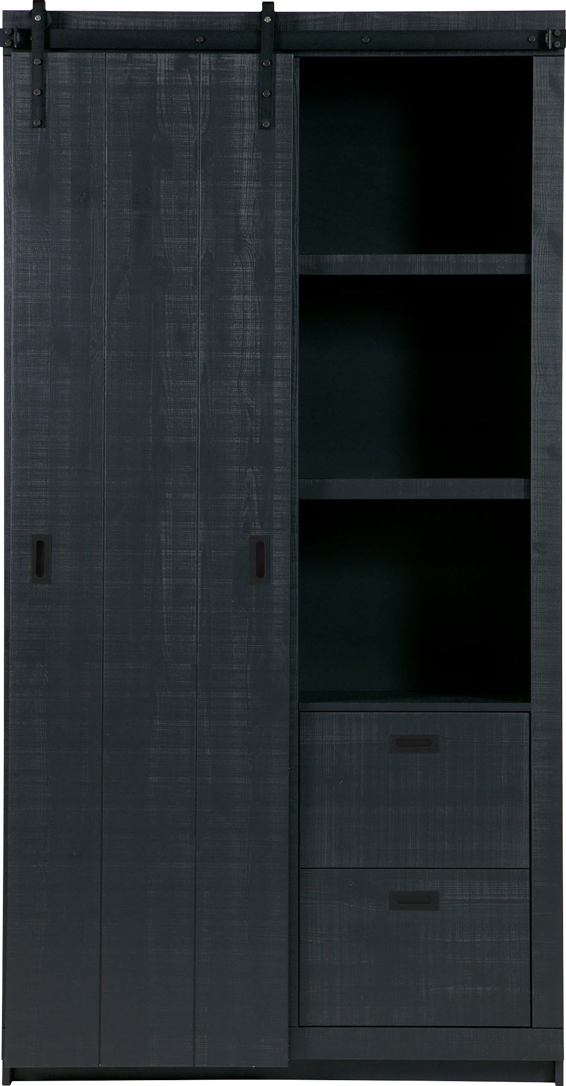 WOOOD Vitrine "Slide Barn FSC-Kiefernholz bandsägerauh, H 230 x B 122 x T 37 cm" Metallschiene für Schiebetür, pfleigleicht, lackierte Oberfläche