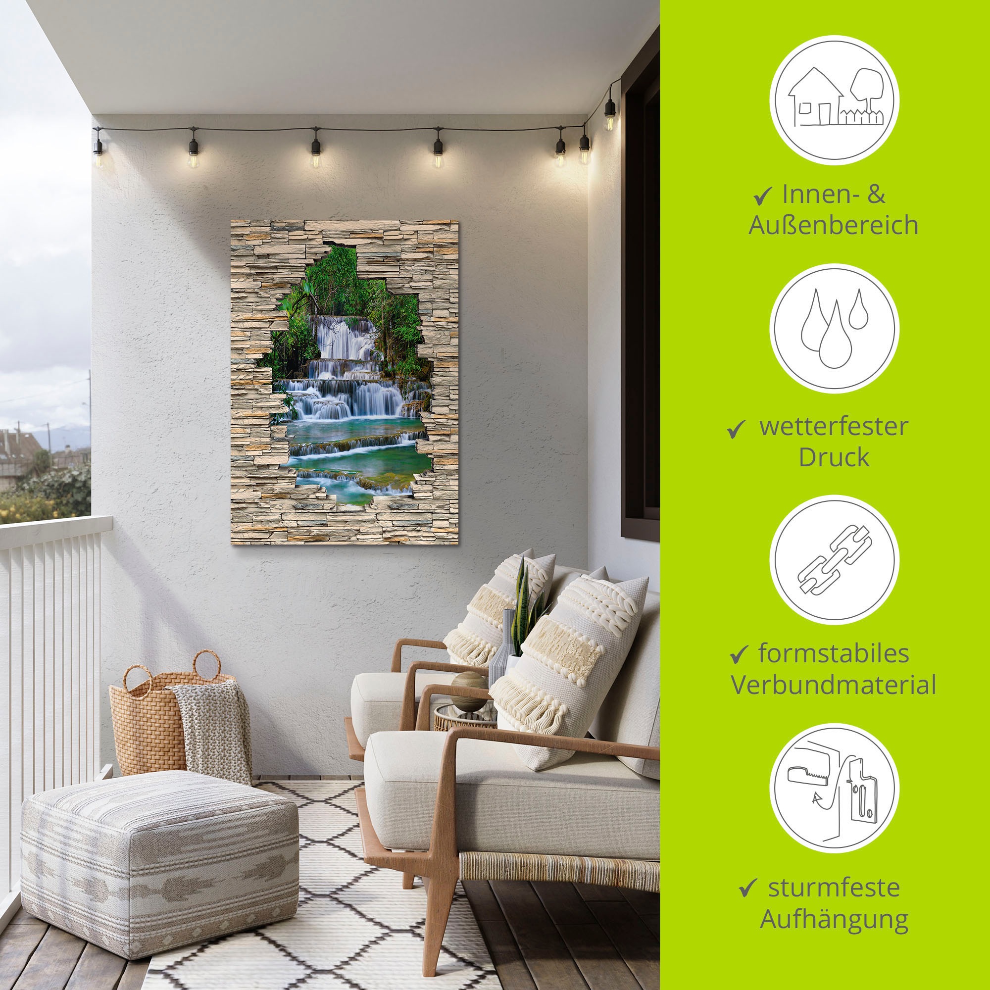 Artland Wandbild »Tiefen Wald Wasserfall Stein Mauer Blick«, Wasserfallbilder, (1 St.), als Alubild, Outdoorbild, Wandaufkleber in verschied. Größen