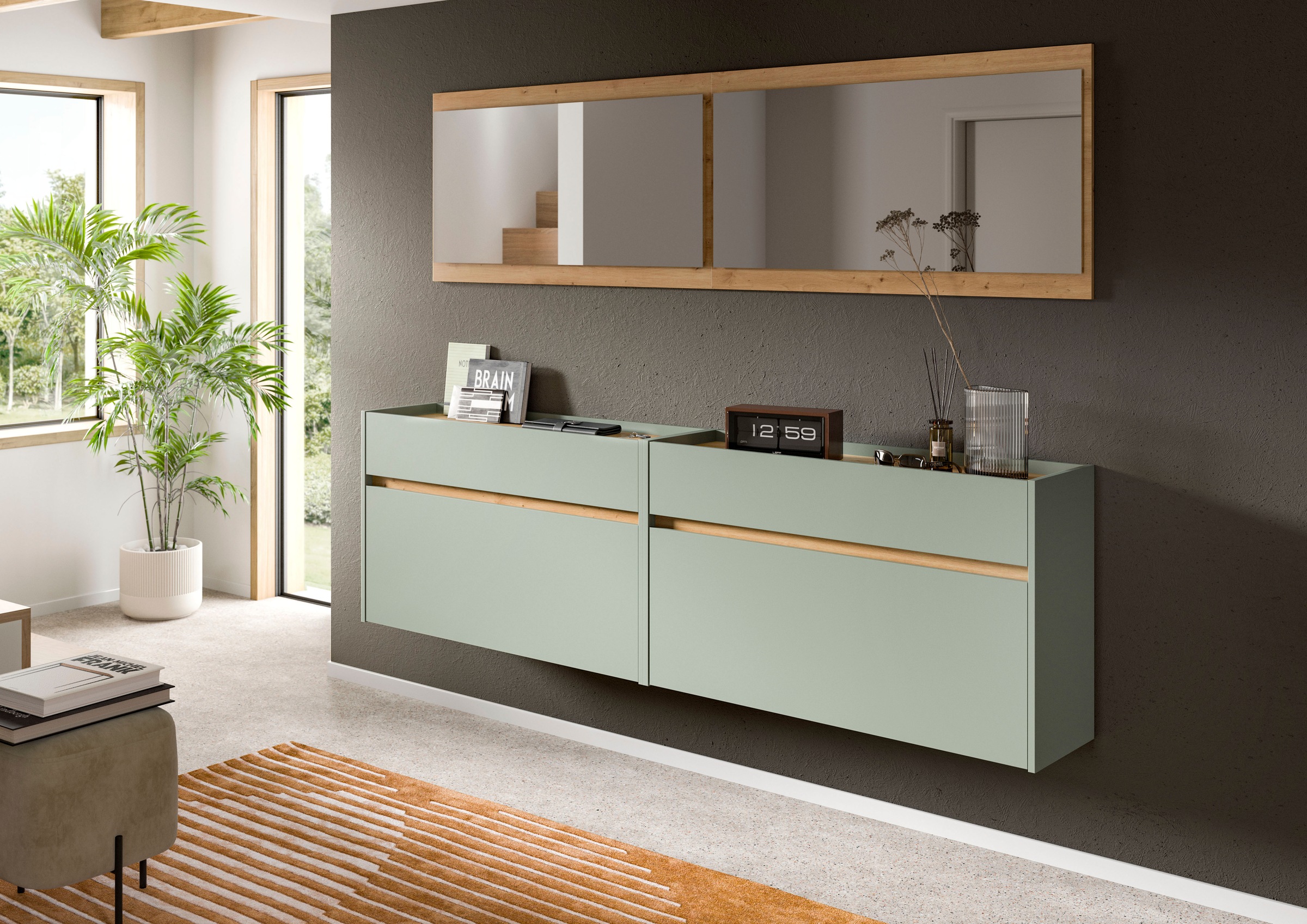 INOSIGN Garderoben-Set »EVRID, 4-teilig, Breite 220 cm, individuell hängbar & erweiterbar«, (4 St., best. aus: 2x Kommode und 2x Spiegel), Garderobenkombination, Garderobe, Wandgarderobe, Flur, Diele