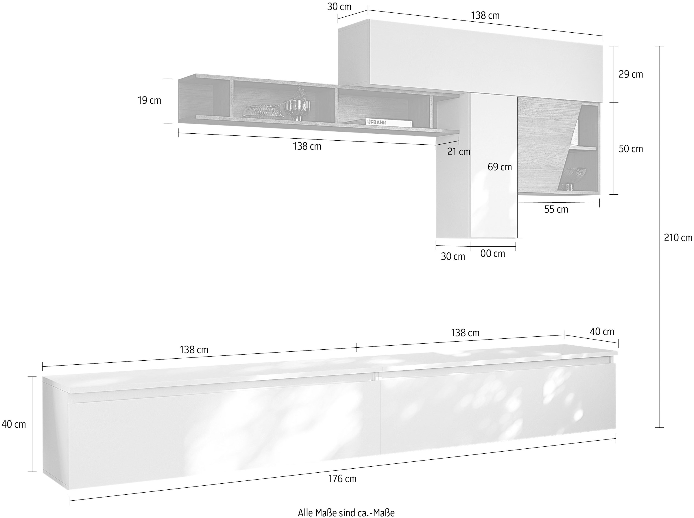 INOSIGN Wohnwand »INFINITY, 6tlg. Breite 276 cm, moderne Mediawand«, (6 St.), (2x Lowboard, 2x Hängeschrank, Hängewürfel, Wandregal)
