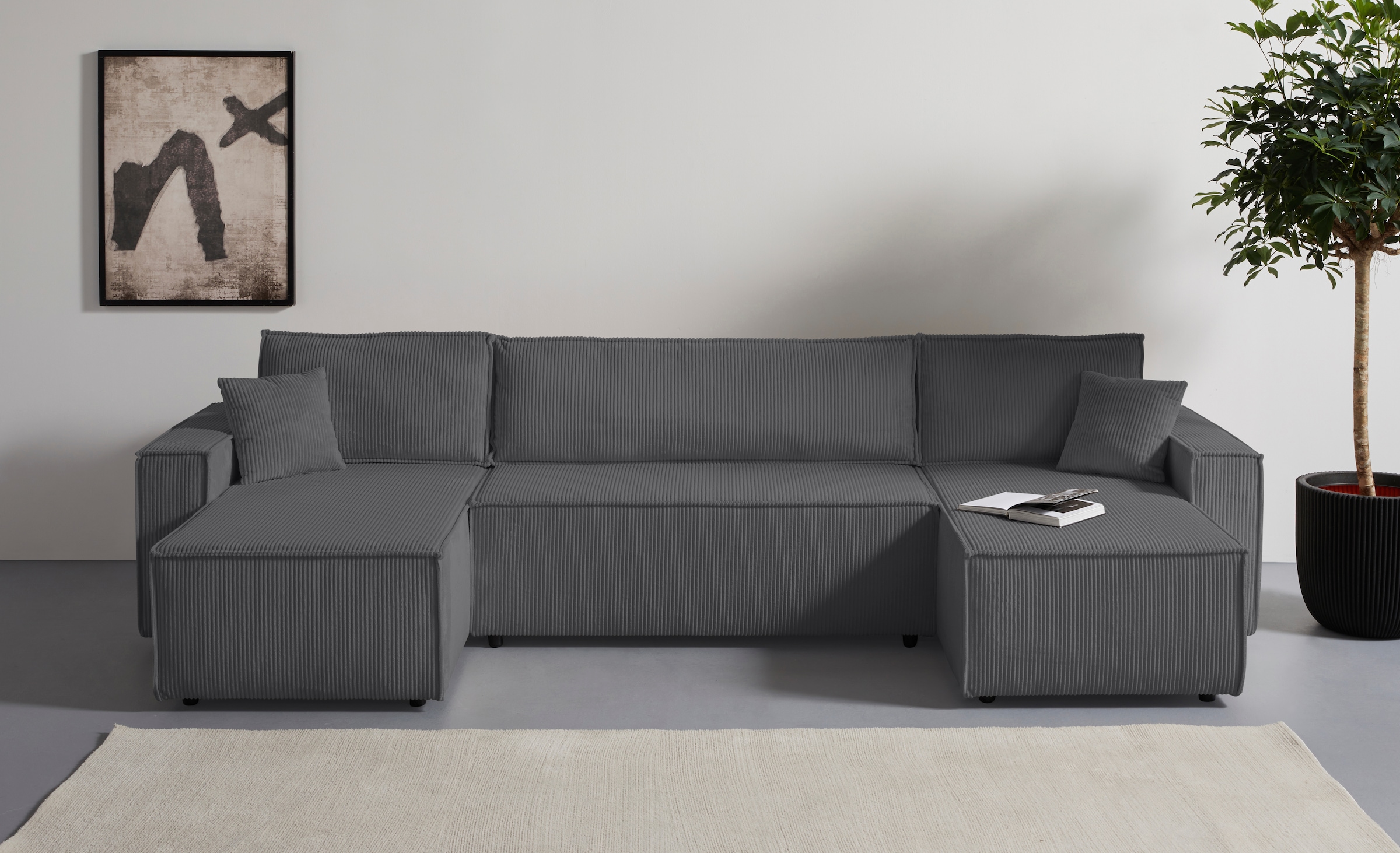OTTO home Wohnlandschaft »CASSI, 311 cm, U-Form, Schlafsofa, Dauerschläfer, Boxspringfederung«, Schlaffunktion (133/270cm), Bettkasten, Seitentaschen, Cord-Bezug