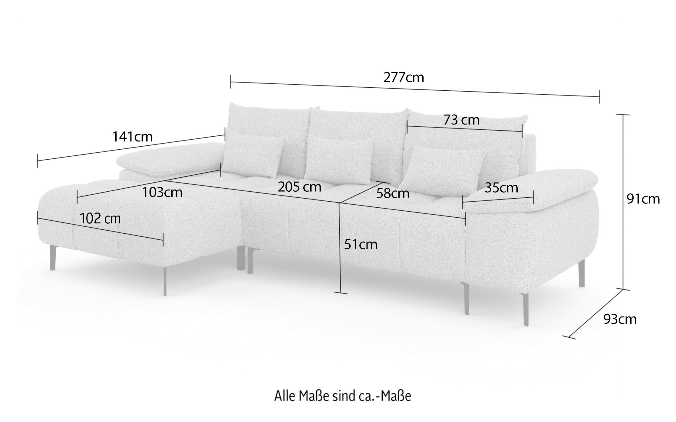 INOSIGN Ecksofa »DROMARA Schlafsofa mit Bettkasten, Maße: B/T/H 277/141/91 cm«, L-Form mit Recamiere rechts/links bestellbar, Wellenunterfederung