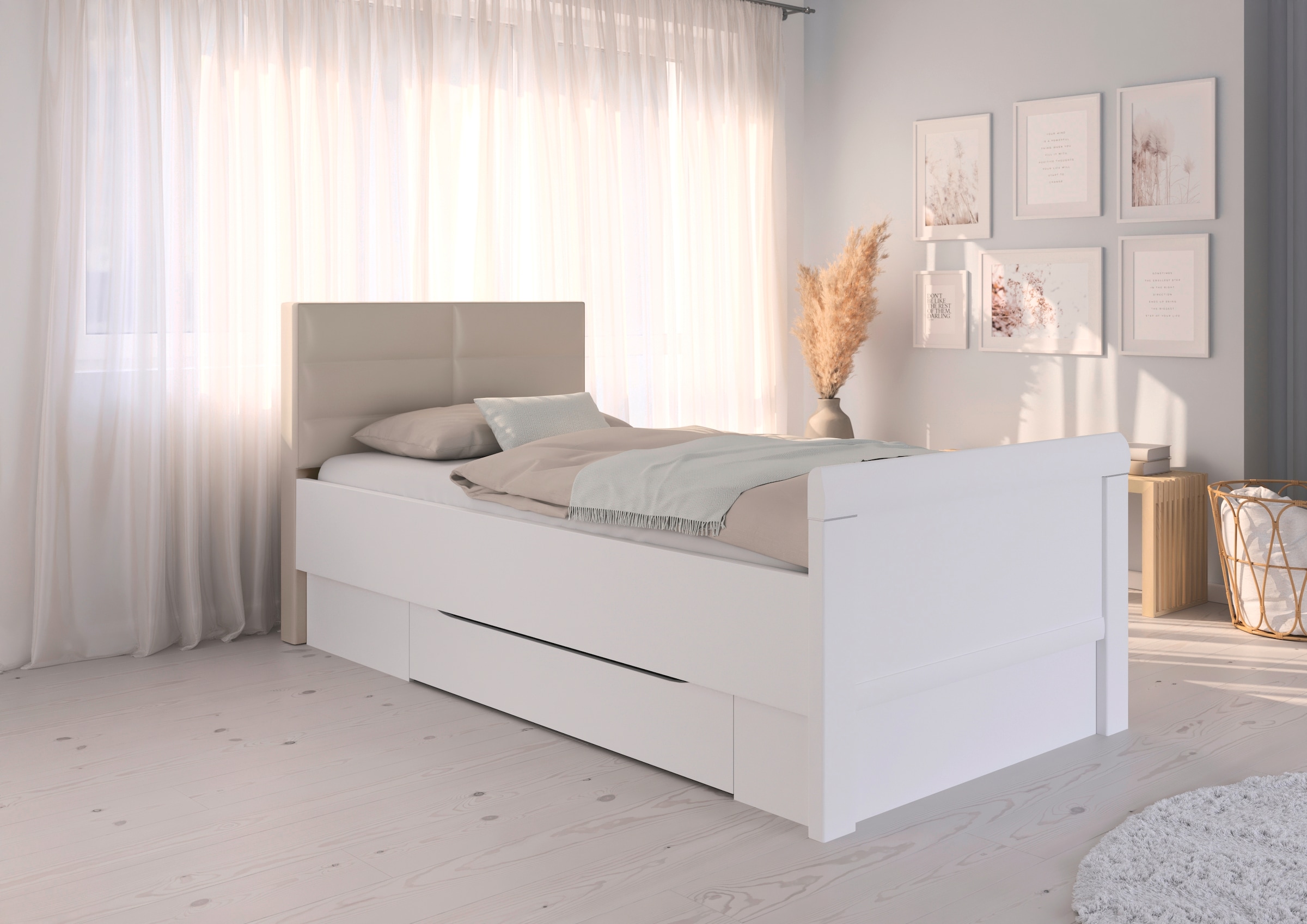 rauch Stauraumbett »Bett Einzelbett Stollenbett Bettkästen EVELYN«, in Komforthöhe mit Polsterkopfteil sowie Schubladen MADE IN GERMANY