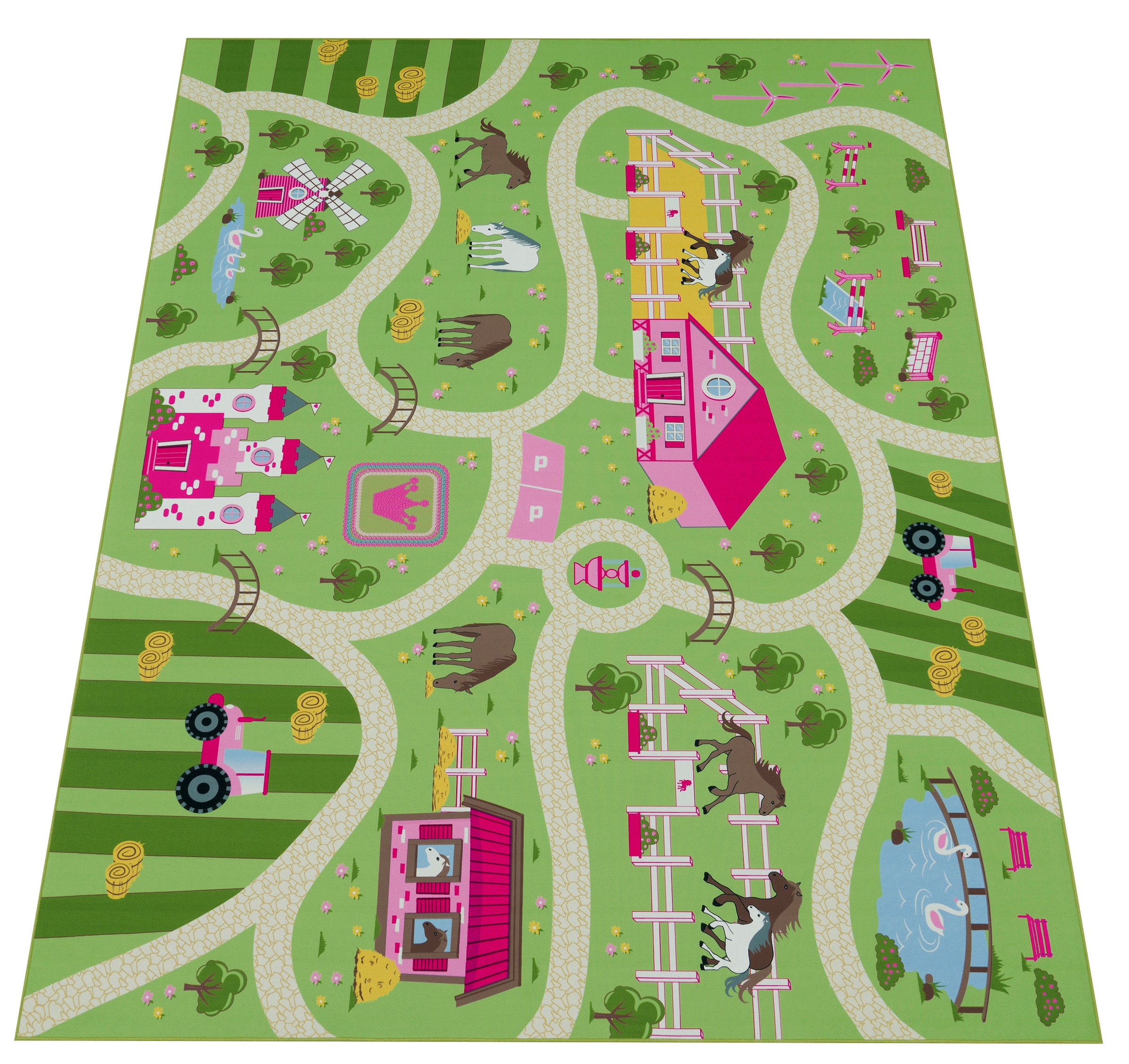 Paco Home Kinderteppich »Bino 560«, rechteckig, 4 mm Höhe, Kurzflor, Straßen-Spiel-Teppich, Motiv Bauernhof, Kinderzimmer