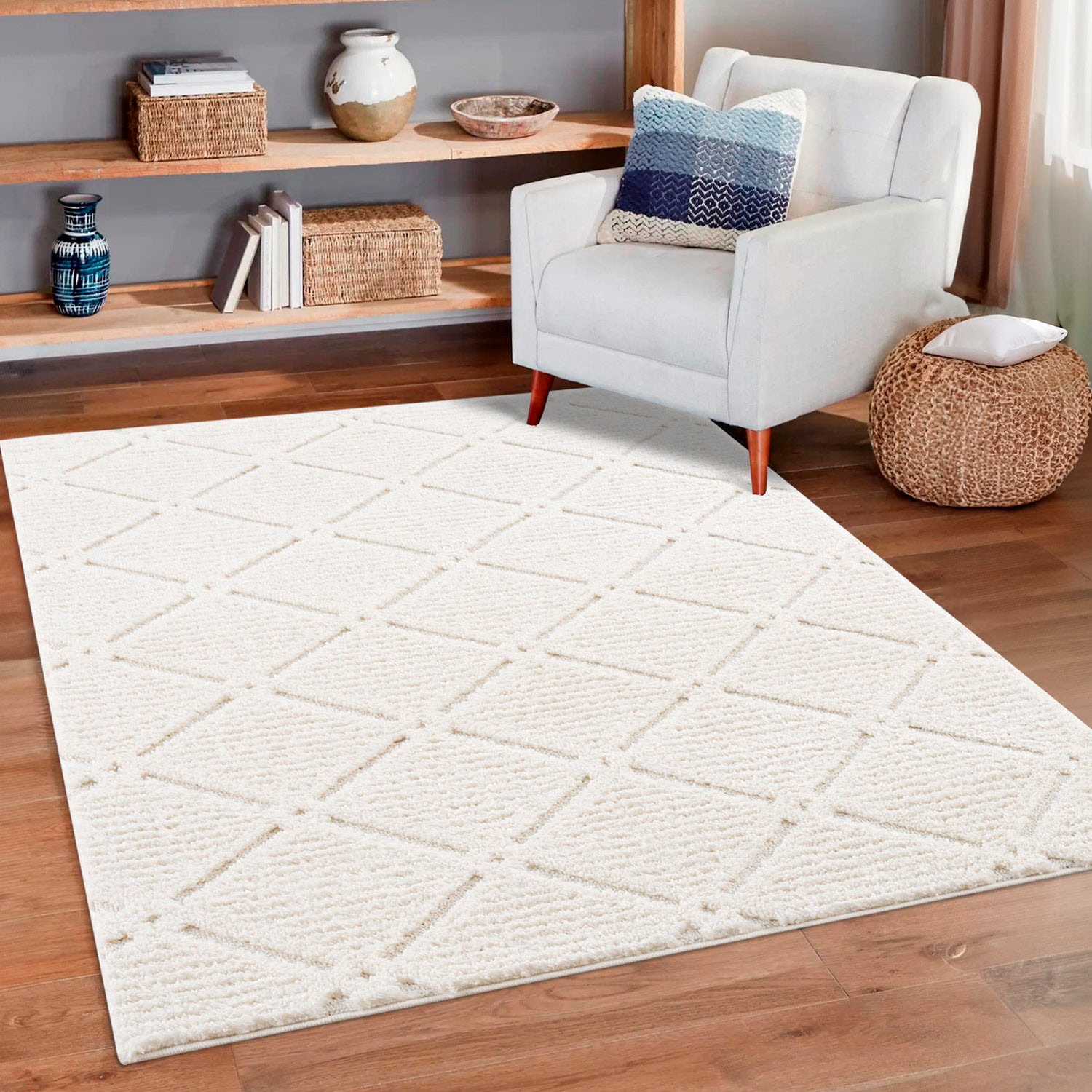 Hochflor-Teppich OTTO HOME "Tammo", beige (creme), B:80cm H:20mm L:150cm, Obermaterial: 100% Polypropylen, Teppiche, Läufer, weich, uni, Rauten-Optik, Hoch Tief Struktur, Wohnzimmer