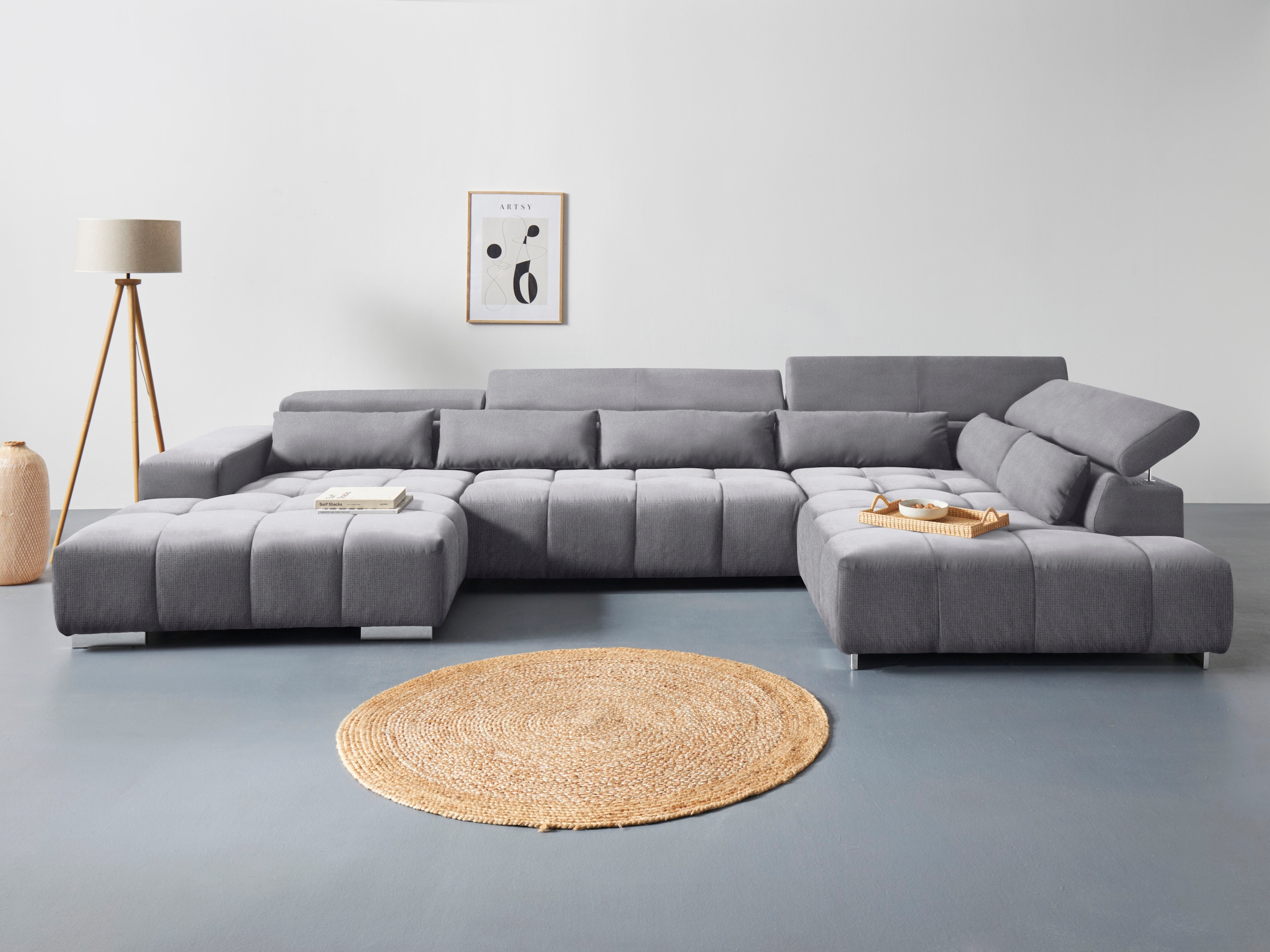 COTTA Wohnlandschaft "Orion U-Form XXL, B: 409 cm, bequeme Wellenunterfederung, top modern" mit Kopfteilverstellung & 6 Nierenkissen