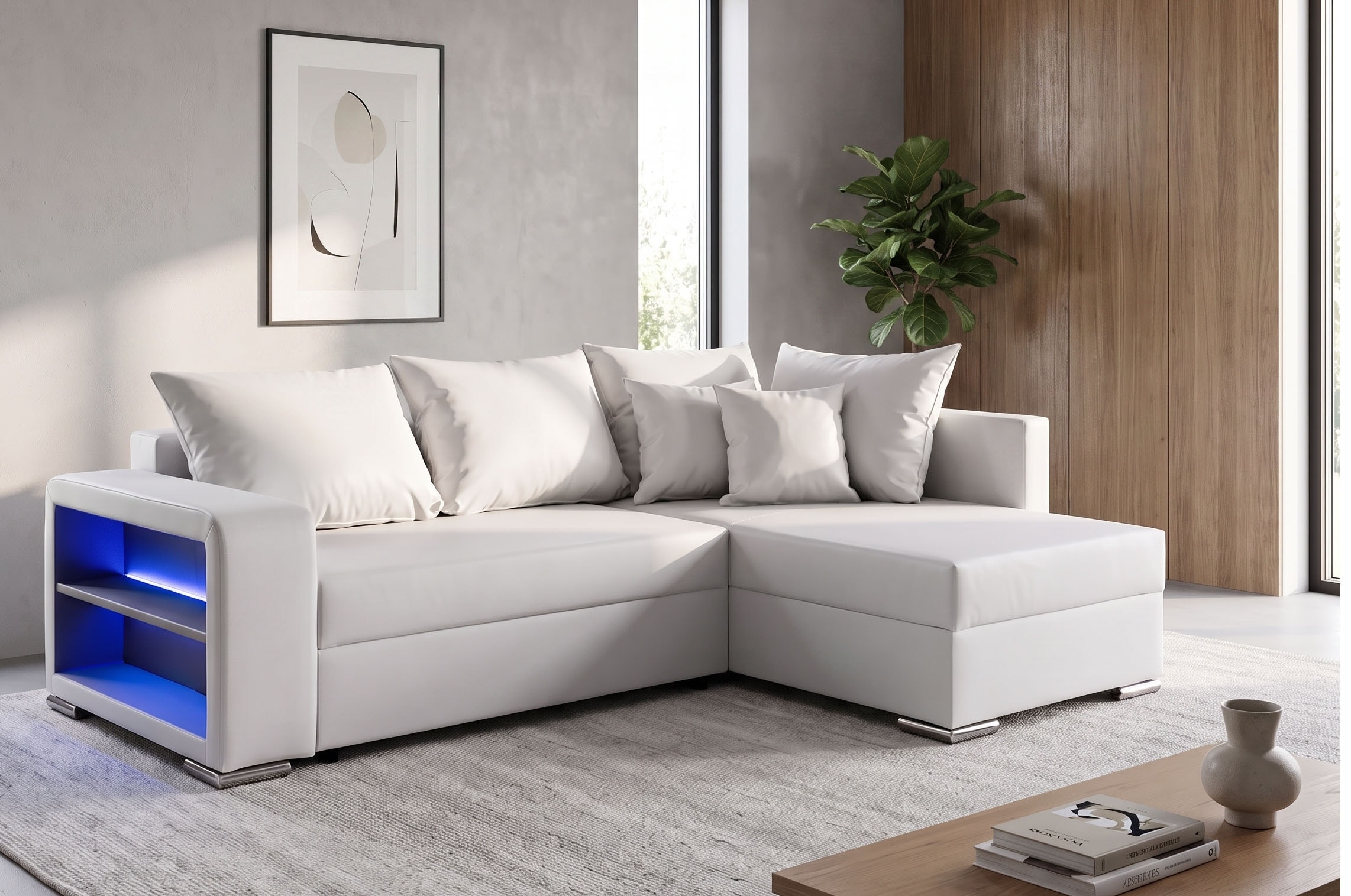 COLLECTION AB Ecksofa "John L-Form, B: 226 cm, Schlaffunktion & Bettkasten" Regalelement mit Licht, Couch mit Federkern, 2 Zierkissen