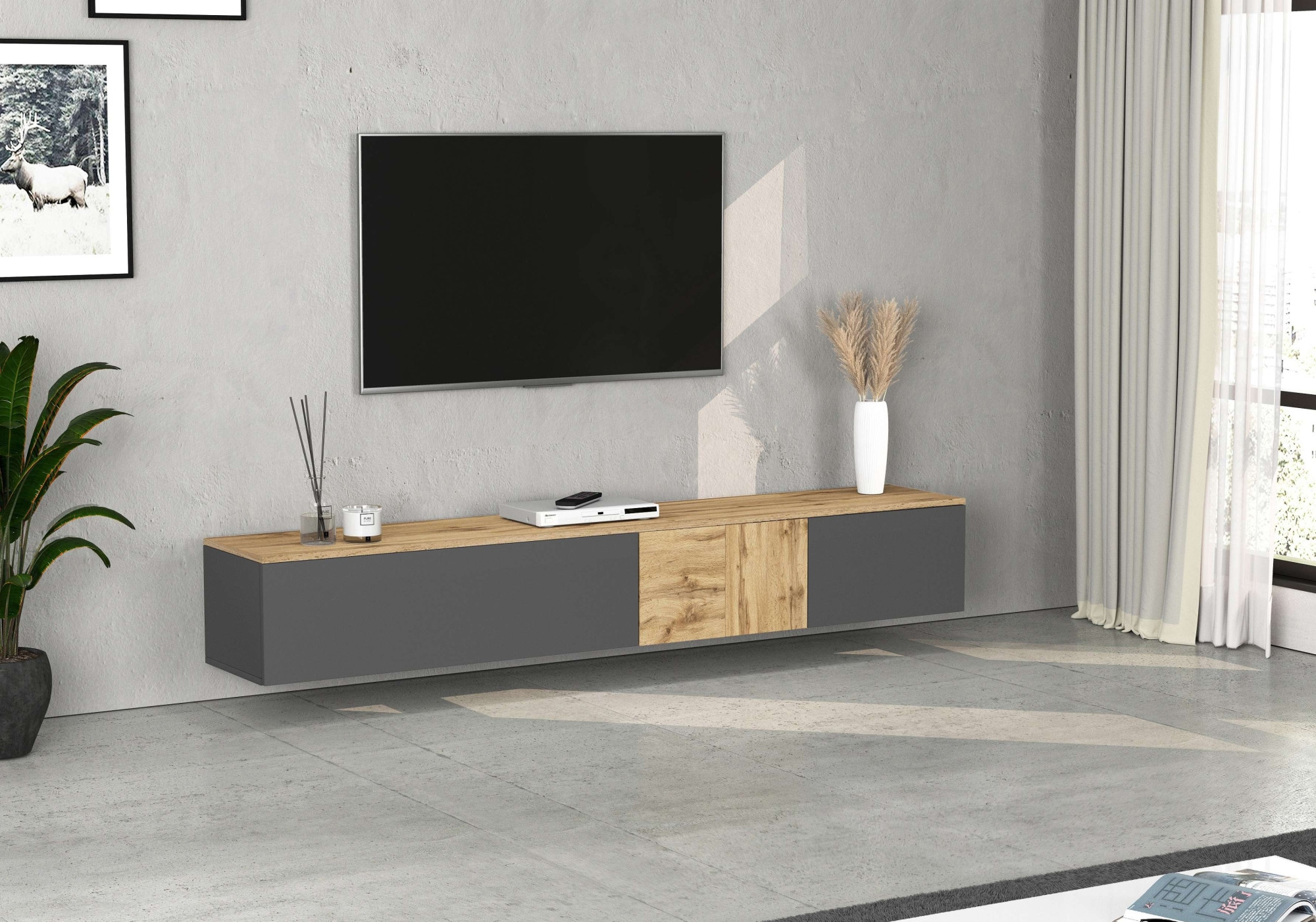OTTO home Lowboard »ISEO, TV-Kommode,TV-Möbel,TV-Bank, 3 Fächer, Breite 210 cm« 1 Stk. tlg. stehend/hängend, 1 Klappe, 2 Türen, 3 Fächer, Breite 210 cm