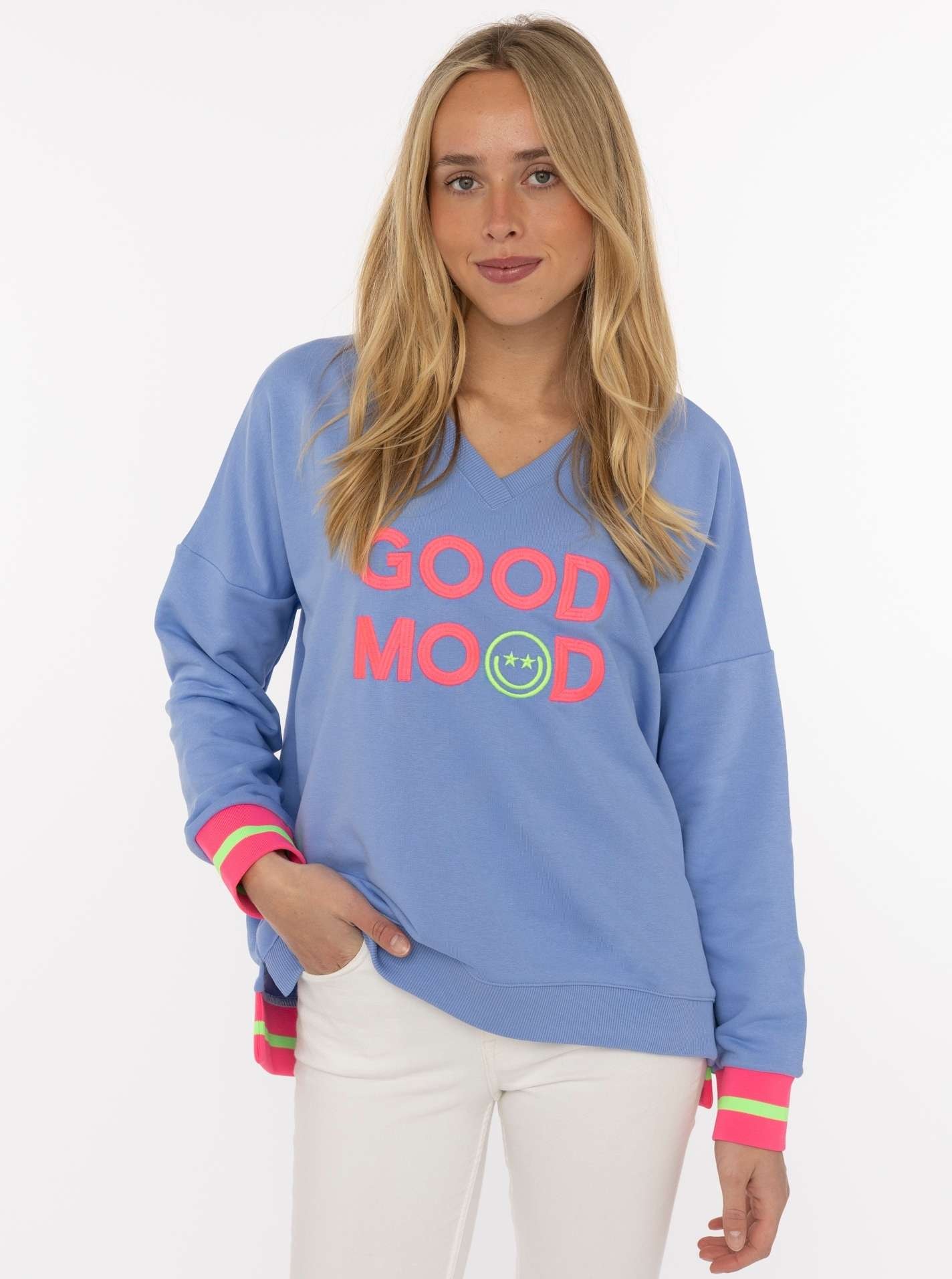 Zwillingsherz Sweatshirt "Dana", Neon-Bündchen, V-Ausschnitt, Langarm, Front-Stickerei