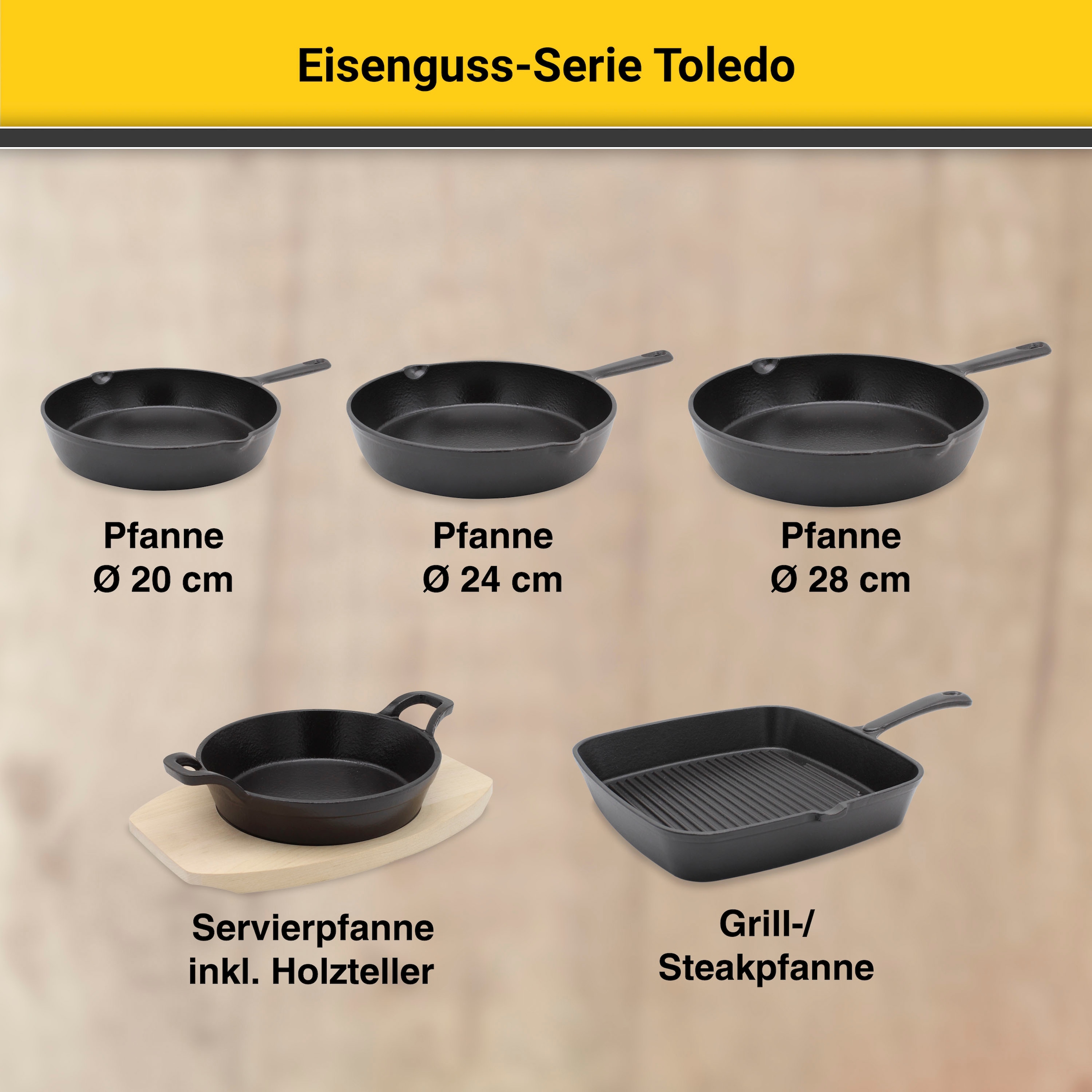 Krüger Servierpfanne »Eisenguss Brat- und Servierpfanne mit Holzteller TOLEDO, 18 cm«, Gusseisen, (1 tlg.), für Induktions-Kochfelder geeignet