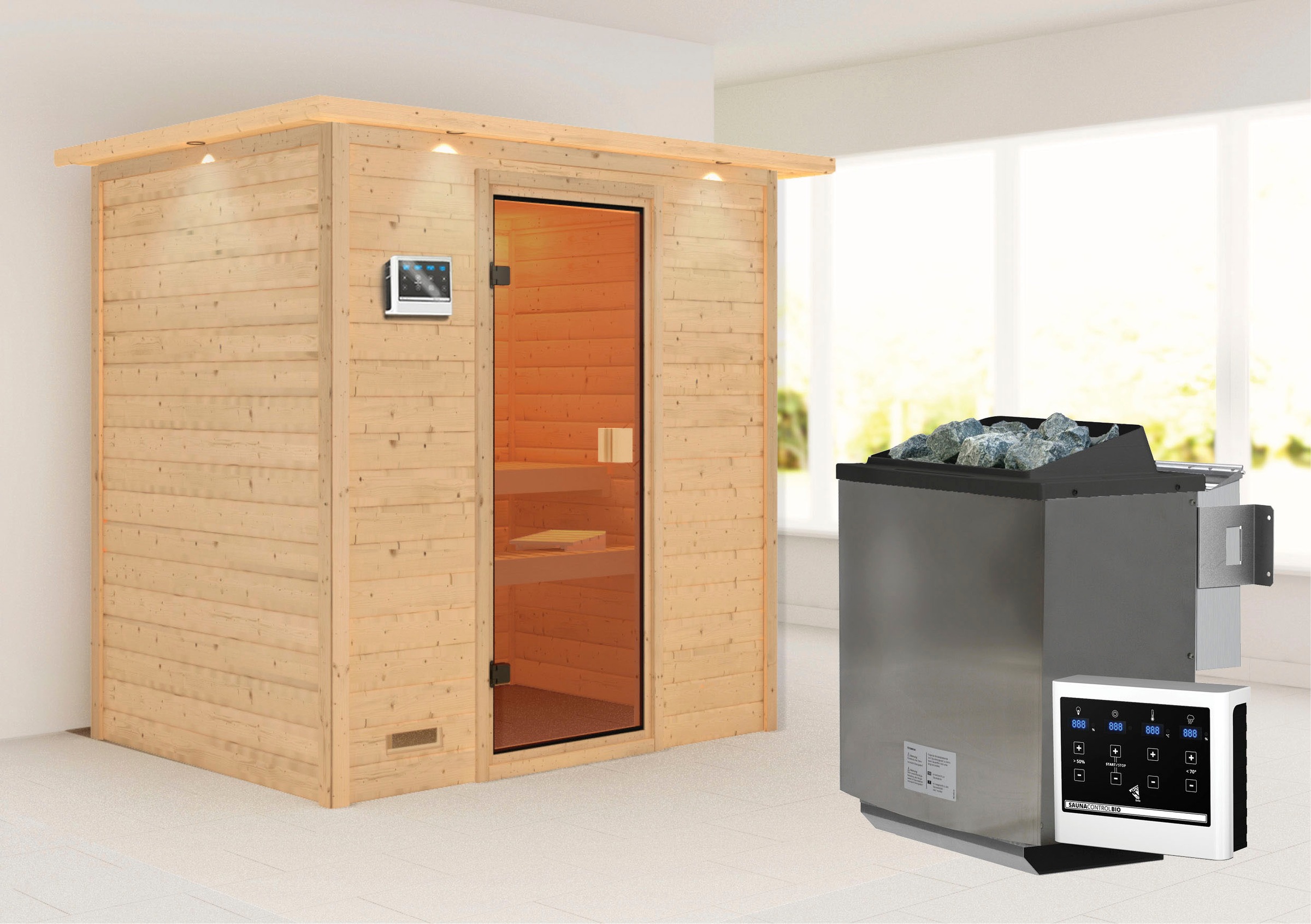 Karibu Sauna ""Sonja" mit bronzierter Tür und Kranz Ofen 9 kW Bio externe Strg"