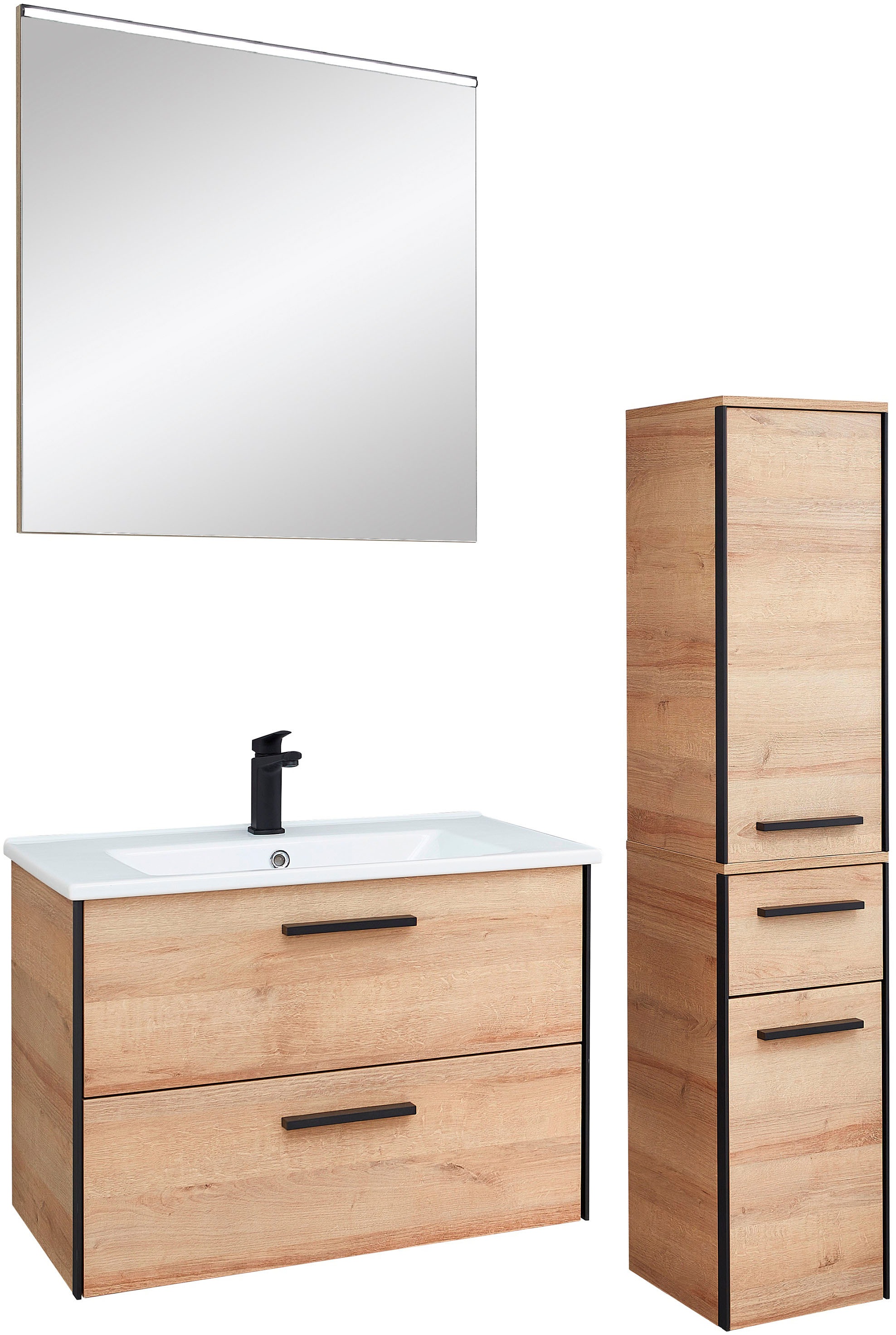 Saphir Badmöbel-Set »Quickset 395 3-teilig, Keramikwaschtisch mit LED-Spiegel«, (5 St.), Midischrank, inkl. Türdämpfer, 2 Türen, 3 Schubladen, Bad-Set