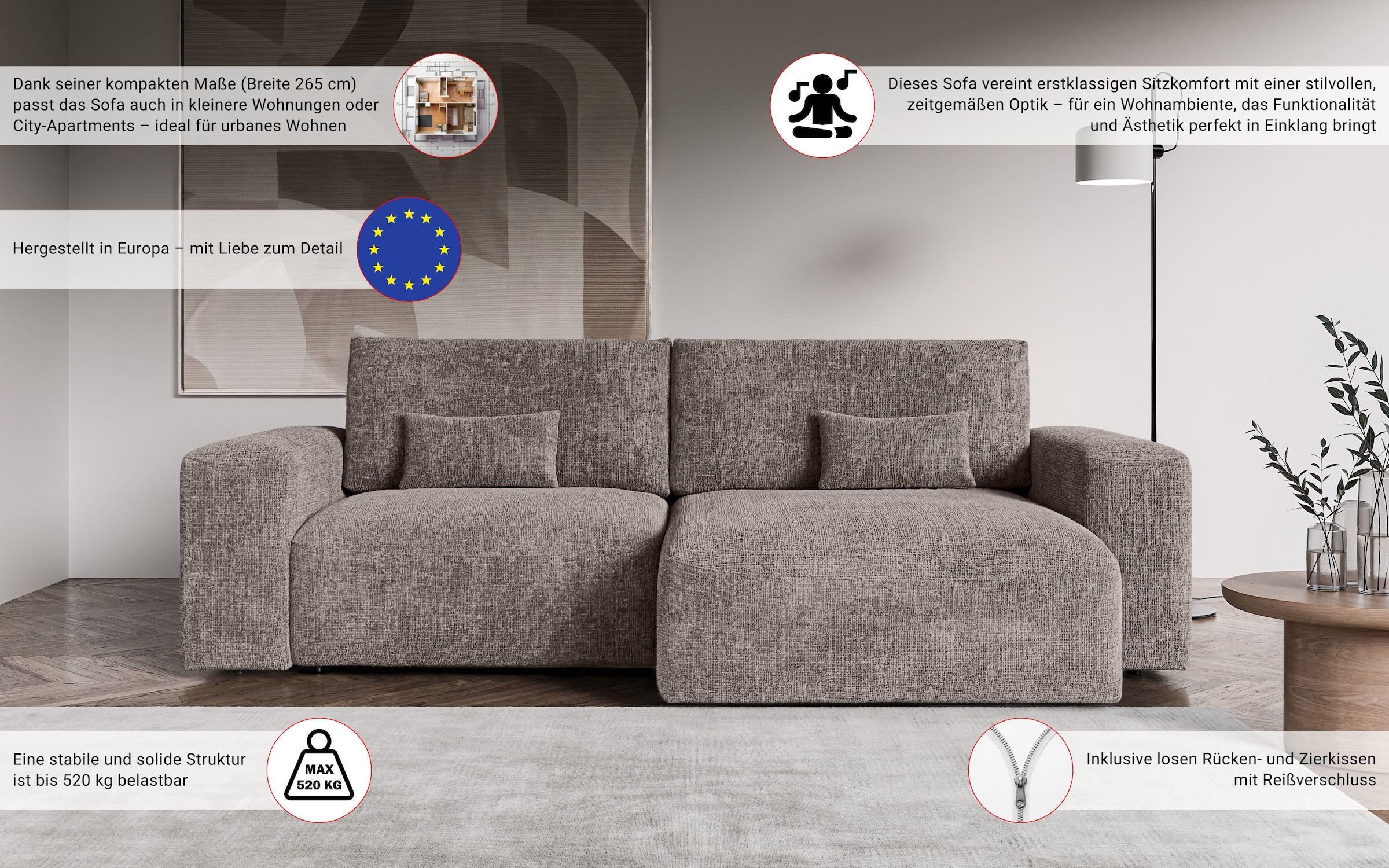 OTTO home Ecksofa »MATTS Schlafsofa mit Bettkasten, Maße B/T/H: 265/159/89 cm« L-Form mit Recamiere rechts oder links, hoher Sitzkomfort