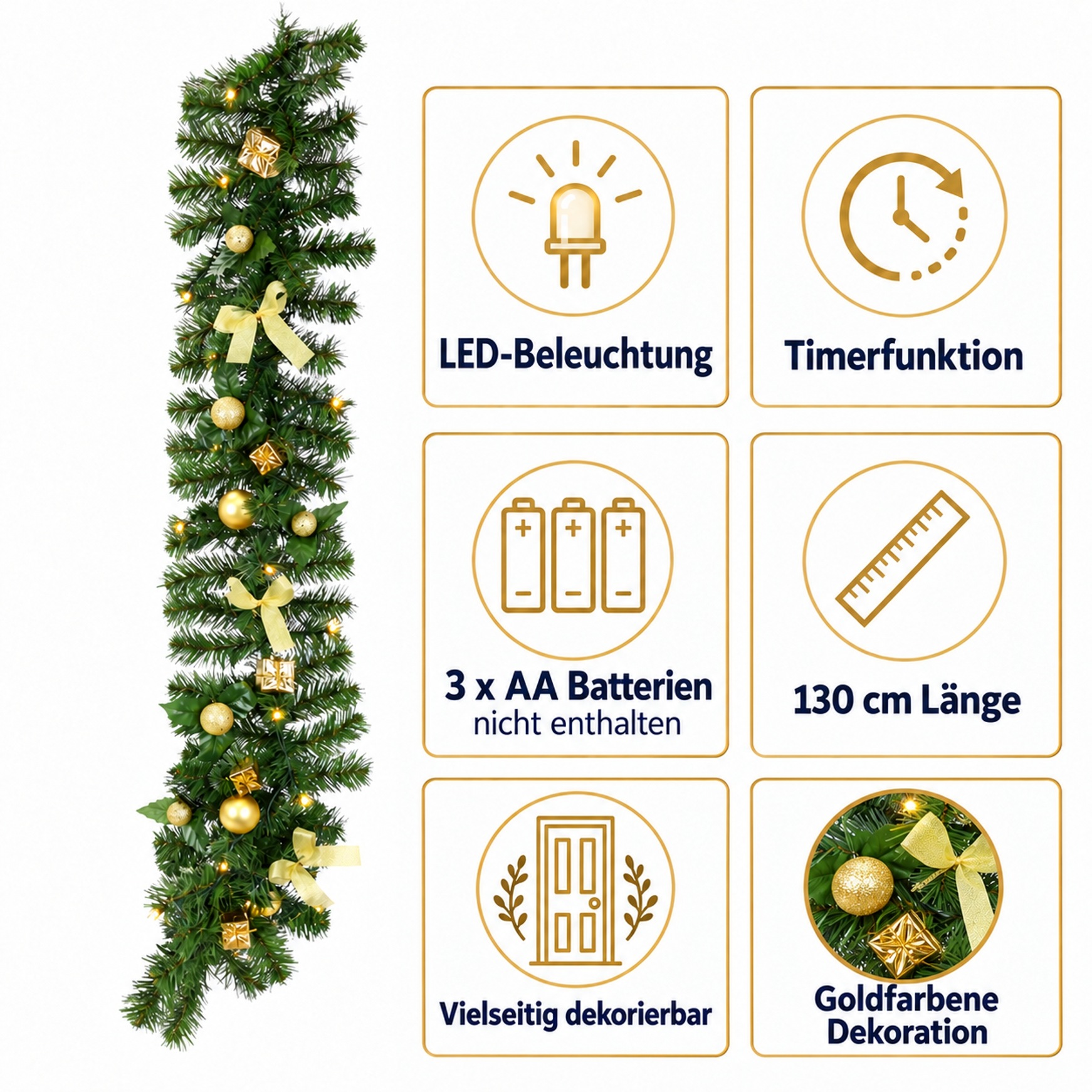 I.GE.A. Kunstgirlande »LED-Weihnachtsgirlande 130 cm mit Goldkugeln und Timer« Festtagsdekoration mit Kugeln, Schleifen und leuchtenden Akzenten