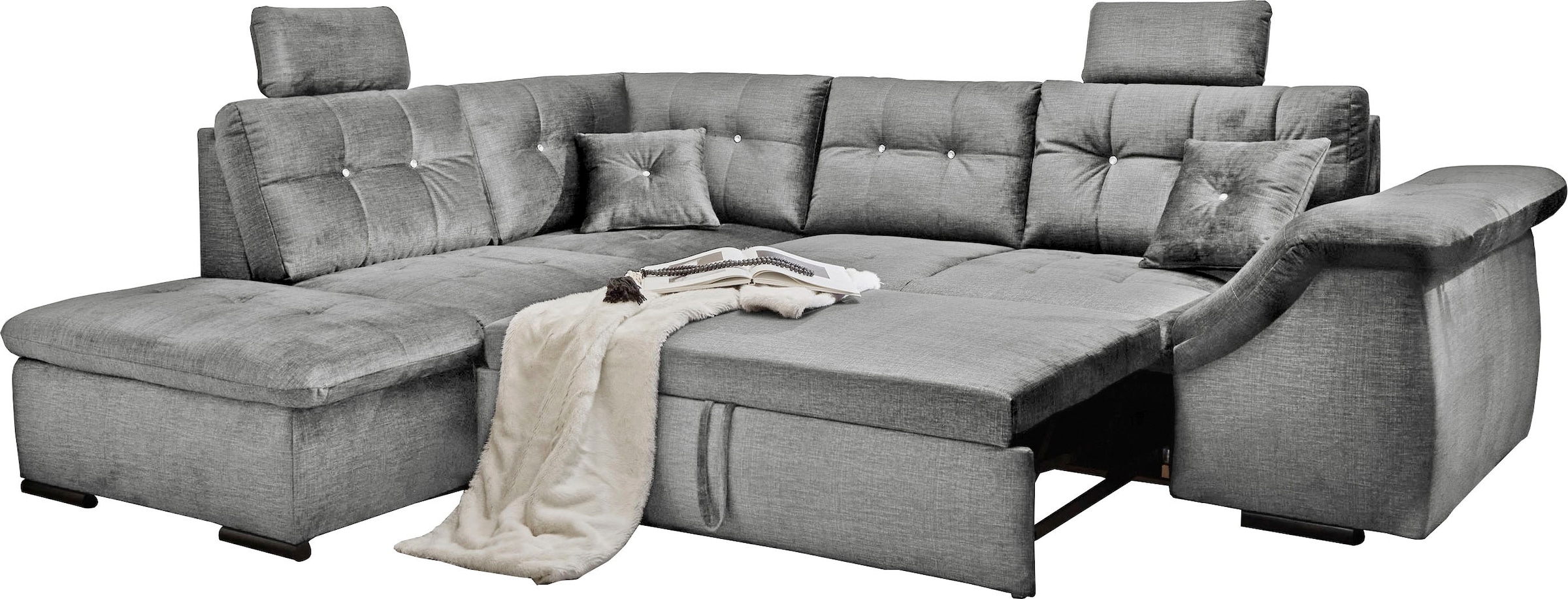 ED EXCITING DESIGN Ecksofa »Bolonia L-Form«, mit Bettfunktion, Bettkasten, Kopfstützen & 2 Zierkissen, Strasstein