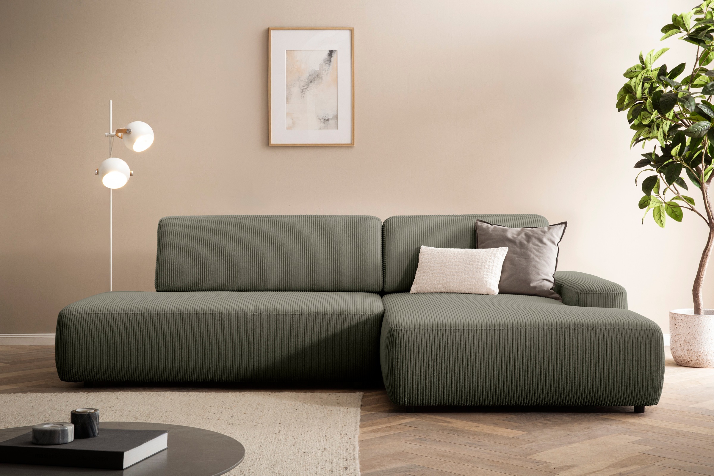 INOSIGN Ecksofa »TORGE, Schlafsofa Cord, Samtvelours u. Strukur fein, Couch in L-Form«, Schlaffunktion und Bettkasten, Liegefläche: 210x125 cm, neues Design